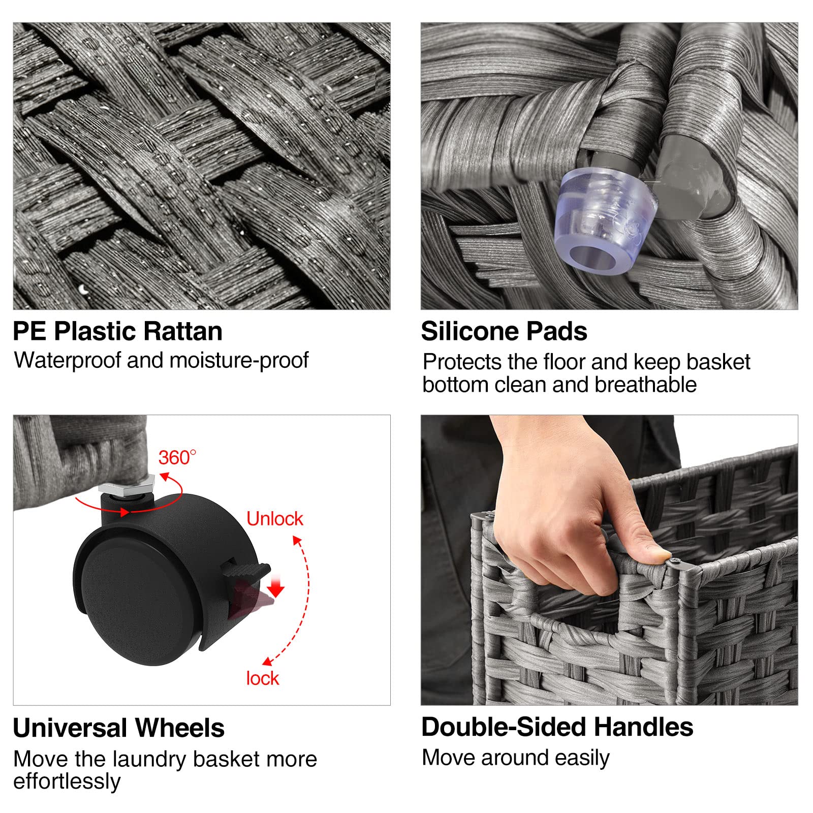 Greenstell Laundry Hamper with Wheels  50L Slim Laundry Basket with 2 Removable Liner Bags & 2 Mesh Bags  Narrow Dirty Clothes Basket  Handwoven Synthetic Rattan Organizer in Bathroom  Bedroom  Grey