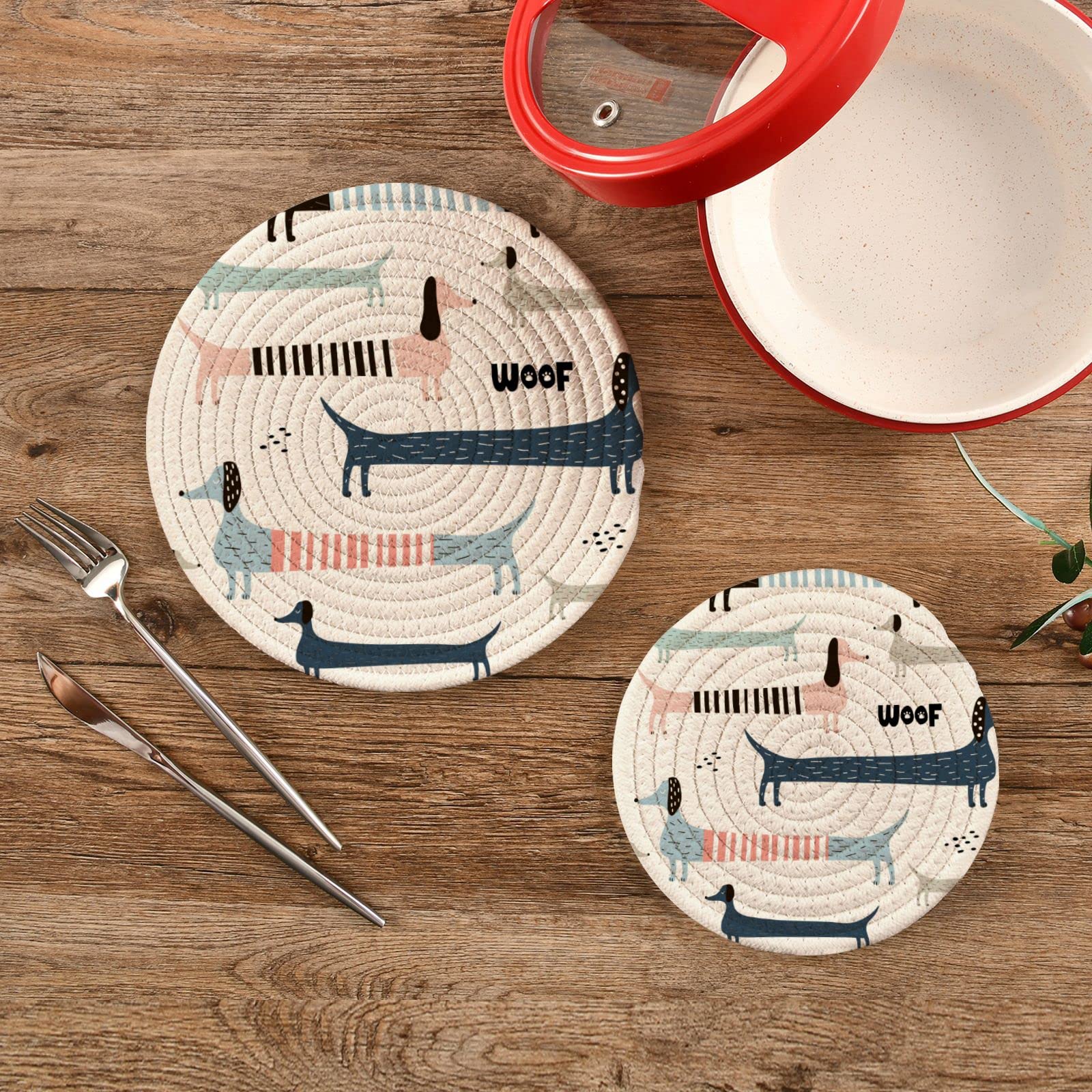 Kigai Cute Navy Blue Dachshund Pot Holders Trivets Set 2 Pcs,Round 100% Cotton Braided Hot Pads For Hot Dishes Hot Pots And Pans
