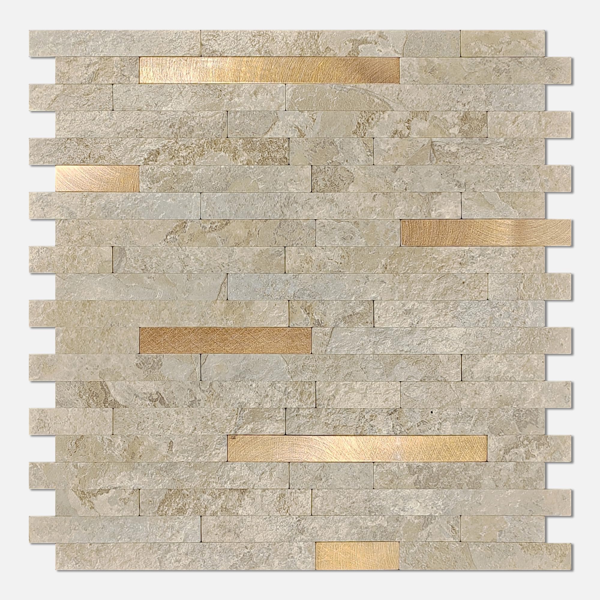 KASARO 10-Sheet Peel and Stick Backsplash Tiles for Kitchen, Marble Stone Beige with Vintage Golden Embellished Stripes, Self-Ad