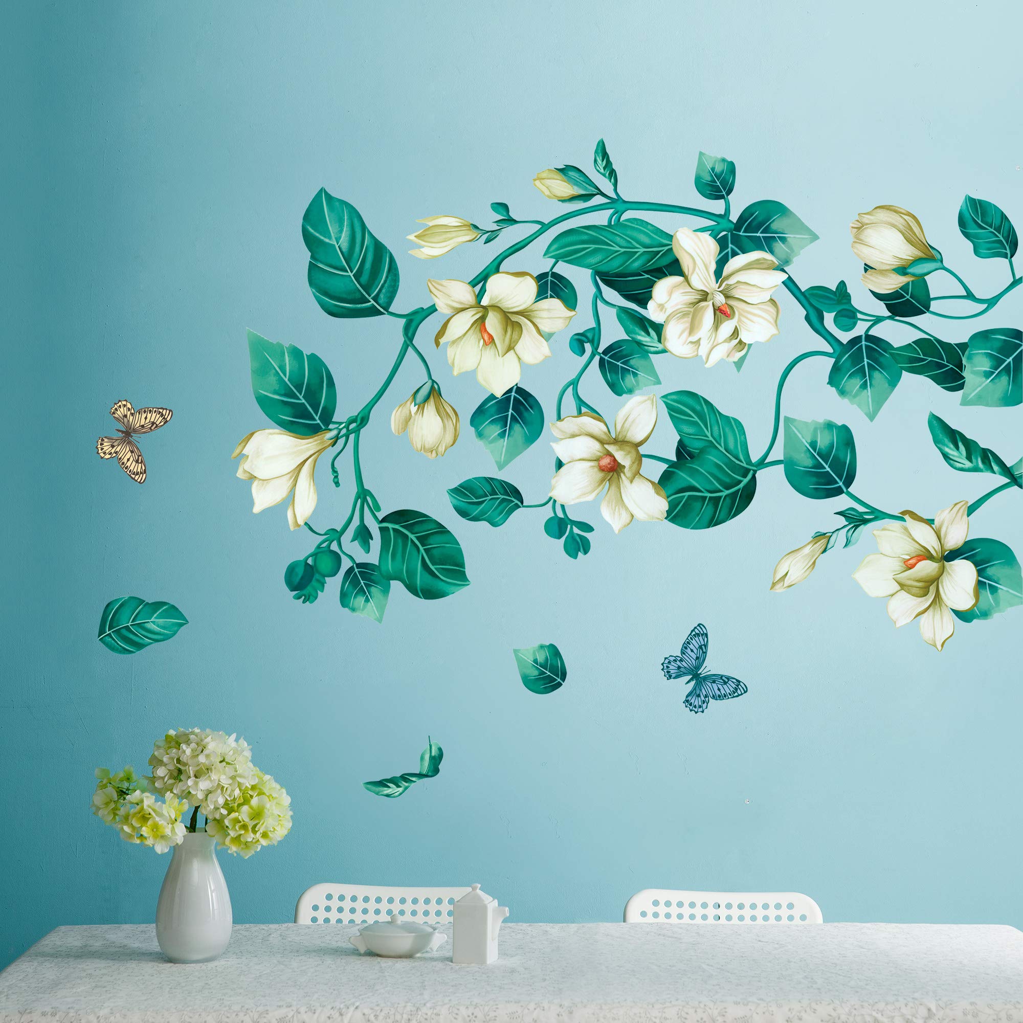 Livegallery Removable Vinyl Fresh Green Leaf And White Flower Wall Sticker Murals Kids Girls Bedroom Nursery Rooms Wall Decals 3