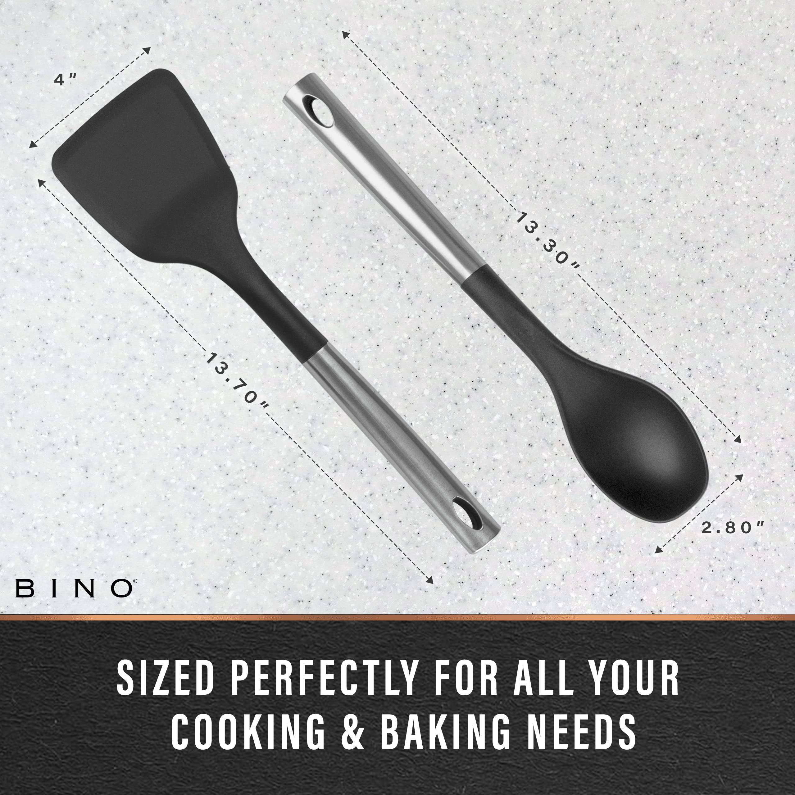Bino 2-Piece Spoon & Turner Set With Stainless Steel Handles - Black | Heat Resistant Bpa-Free Nonstick Cookware | Cooking Mixin