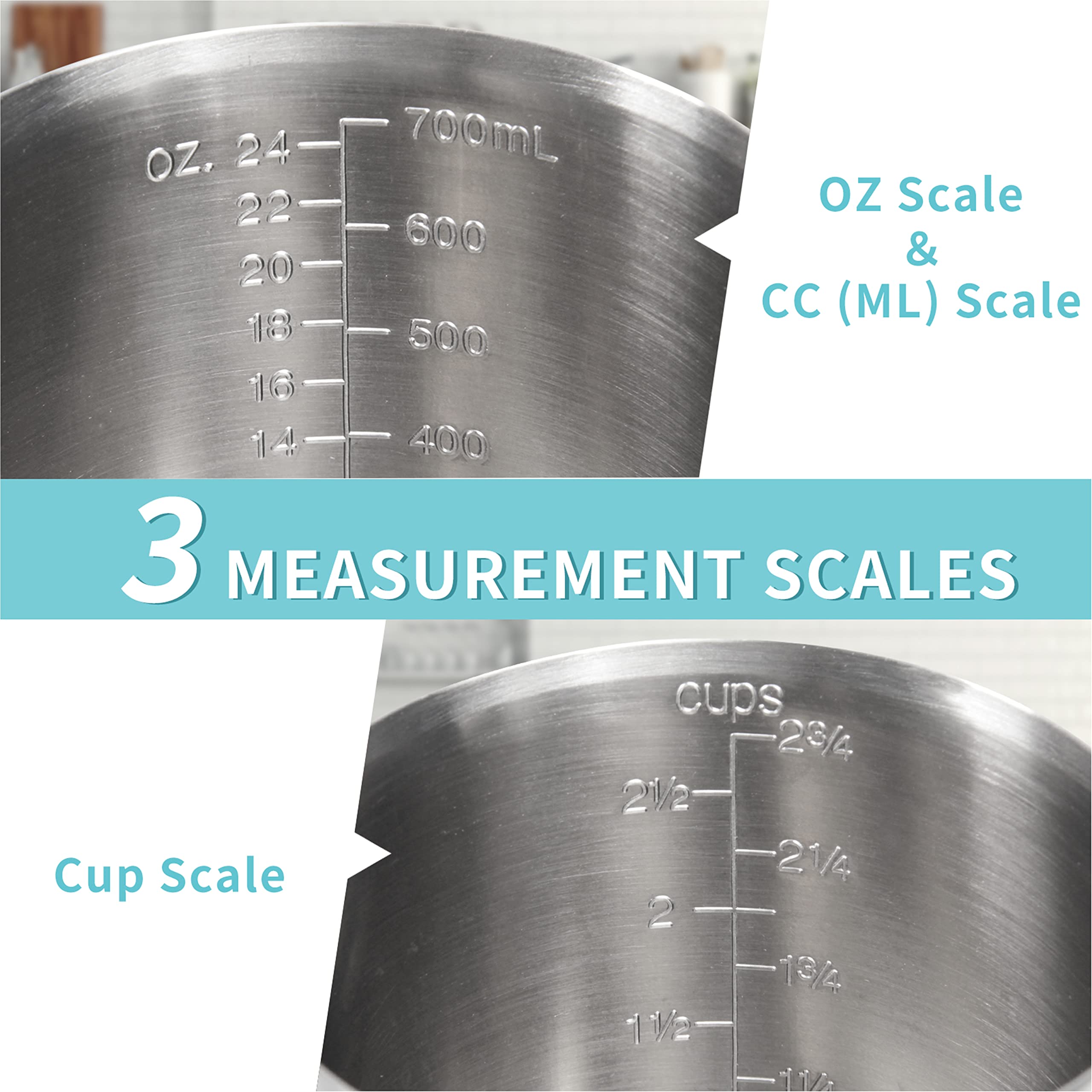 Newness Stainless Steel Measuring Cup - 24 Oz (3 Cup, 700 ML) with 3 Measurement Scales - Silver, Model 8541975118
