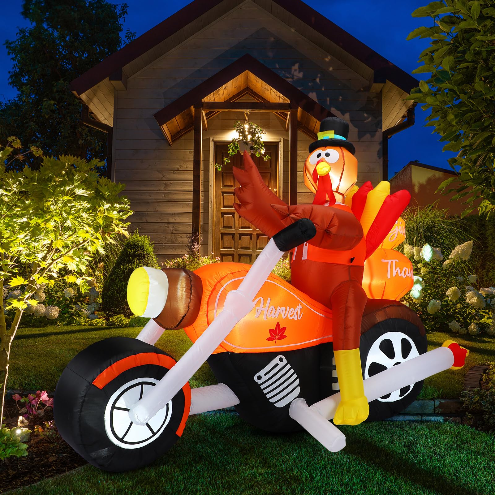 Leyndo 7 Feet Thanksgiving Inflatables Turkey Riding Motorcycle Decoration Outdoor Turkey Blow up Yard Decoration with LED Light