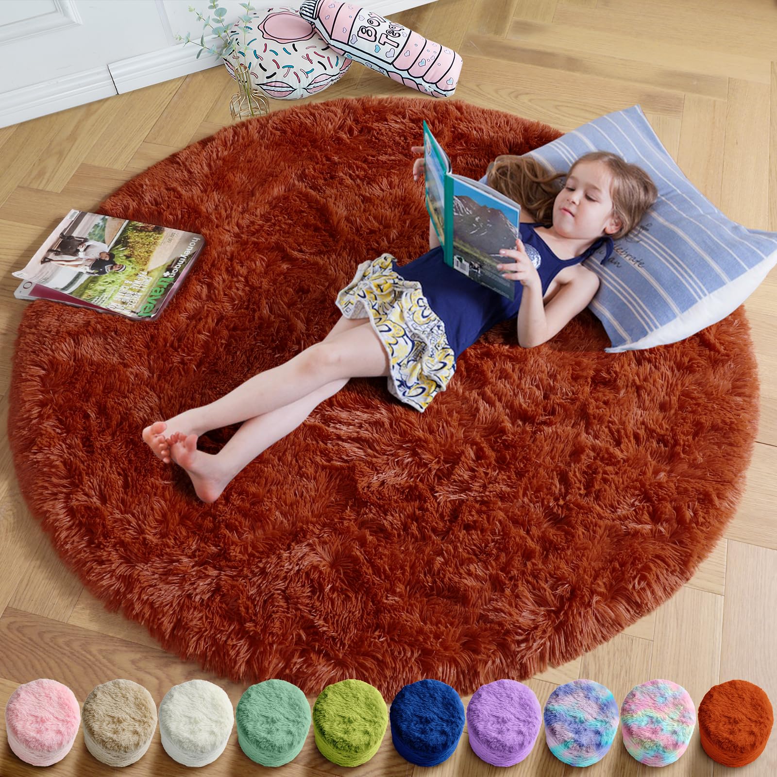Amdrebio Terracotta Rust Circle Round Rug 4Ft for Bedroom Living Room Aesthetic, Fluffy Fuzzy Thick Shag Area Rugs for Kids Room
