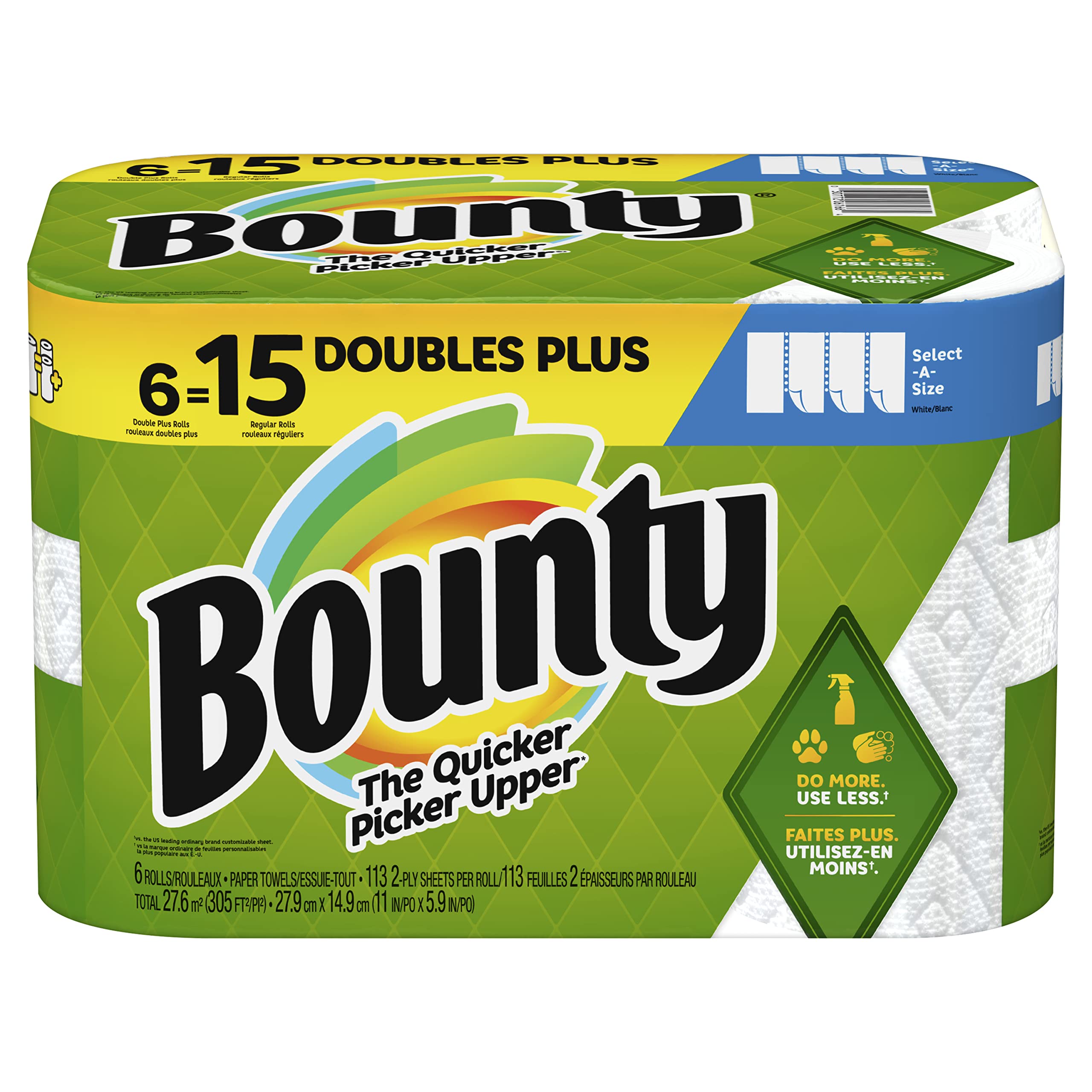 Bounty Select-A-Size Paper Towels, 6 Double Plus Rolls, White, 113 Sheets Per Roll