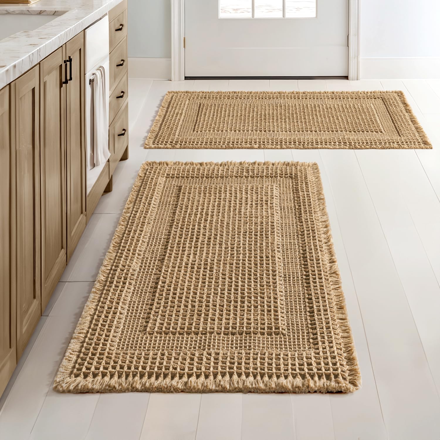 MIULEE Set of 2 Waffle Bathroom Rugs, Boho Bath Rug Super Absorbent, Non Slip Washable Ultra Soft Rubber Backed Shower Bath Mats