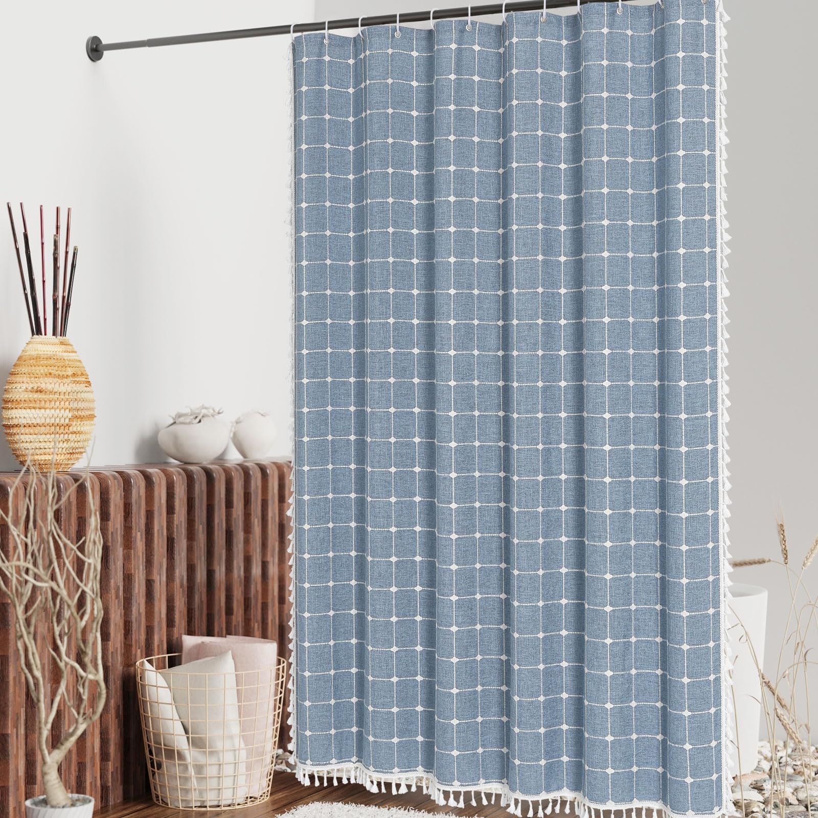 Mitovilla Blue Boho Extra Long Shower Curtain 72 X 84, Modern Farmhouse 84 Inch Xl Cotton Linen Texture Tassel Fabric Shower Cur