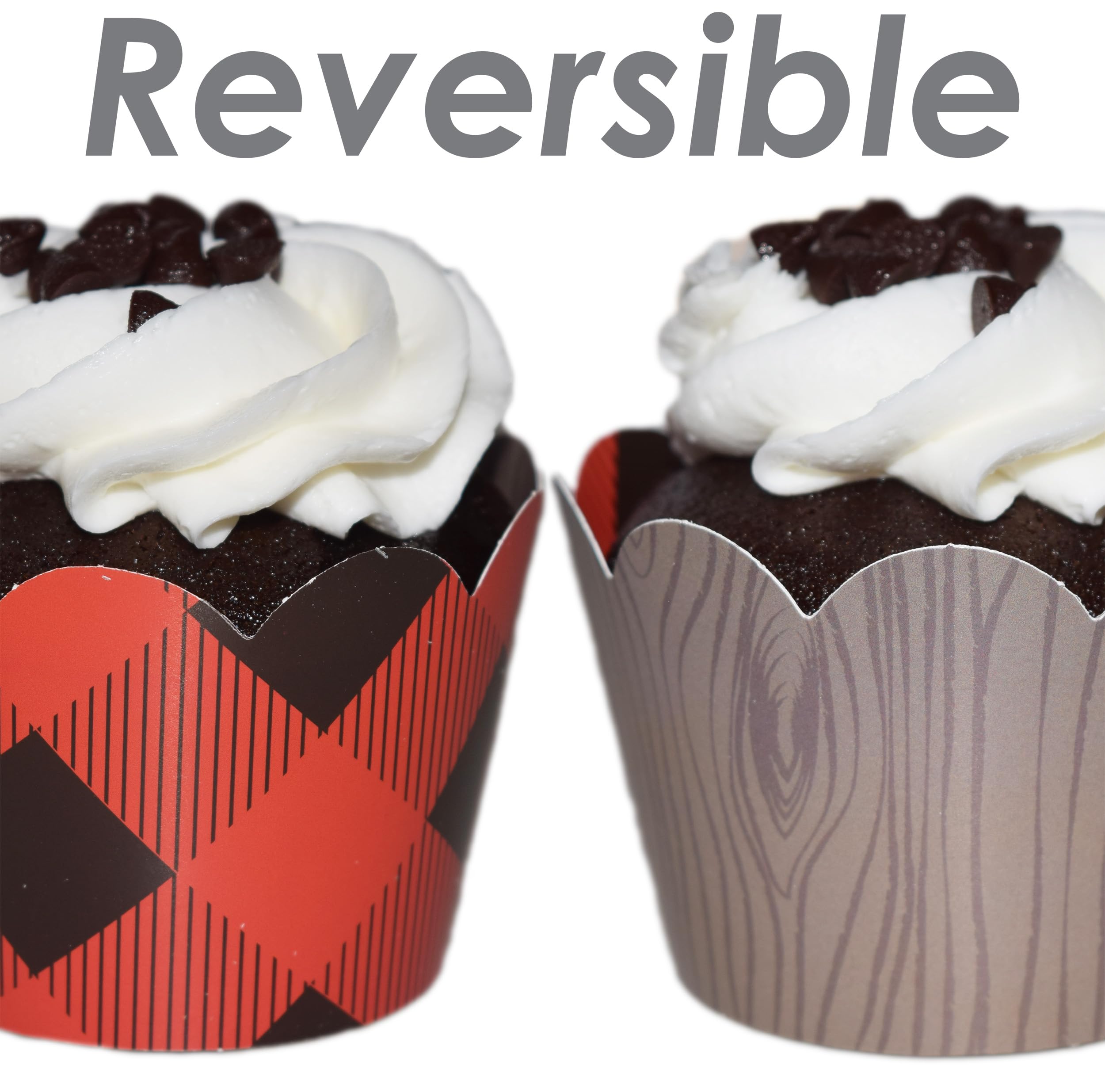 Red Buffalo Plaid Wood Reversible Cupcake Wrappers, Woodland Lumberjack Birthday Party Supplies, Camping, Wild One, Bachelorette