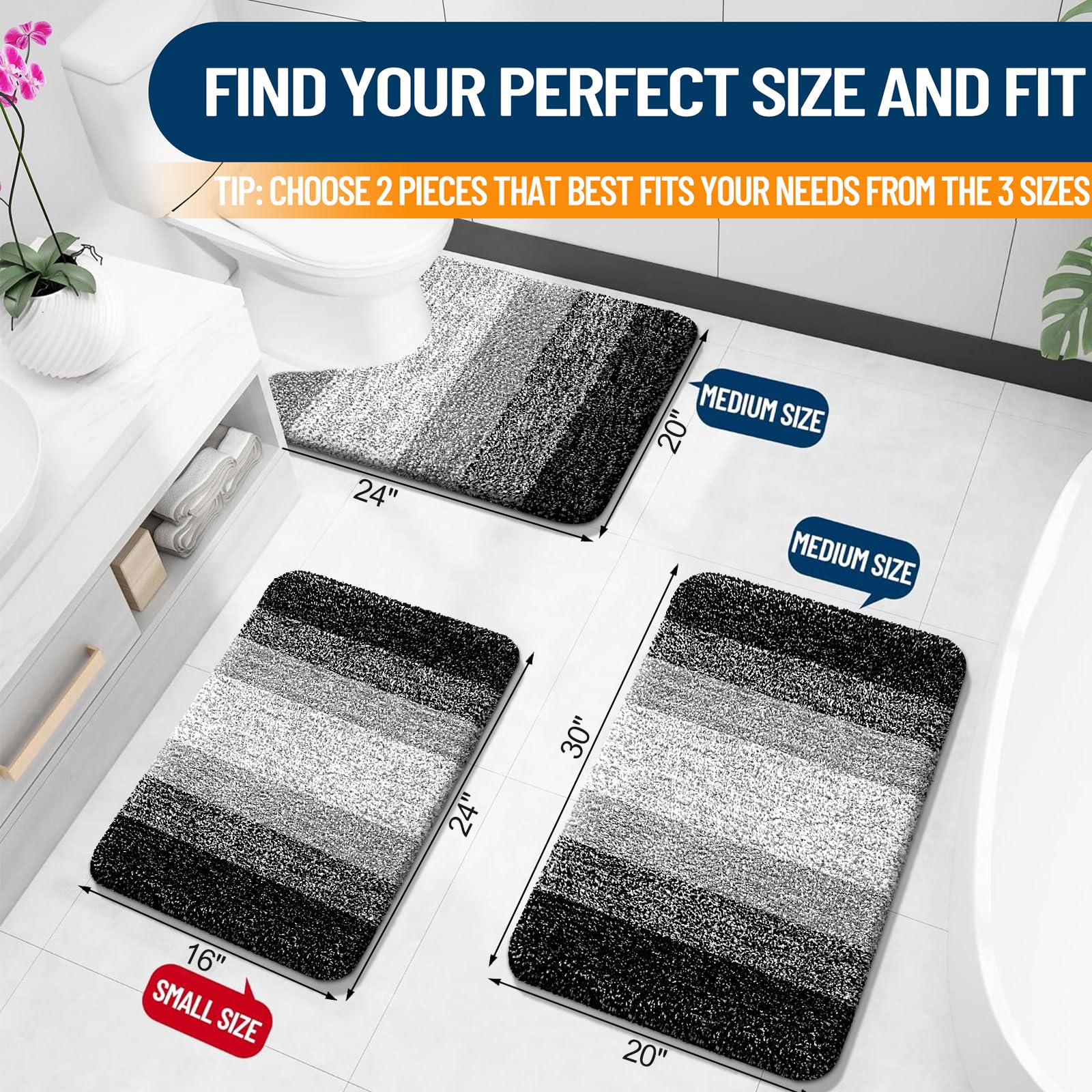 Olanly Luxury Bathroom Rug Set 2 Piece, Soft Absorbent Microfiber Bath Rug Set, Non-Slip Striped Bath Carpet, Machine Wash Dry,