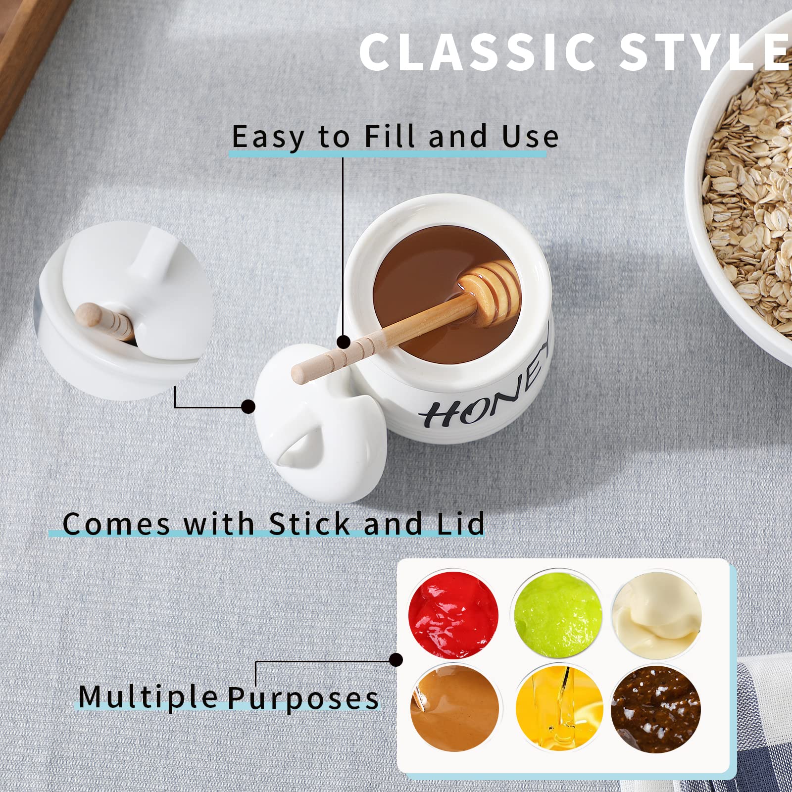 Haotop Porcelain Small Honey Jar With Lid And Honey Dipper 12Oz (White)