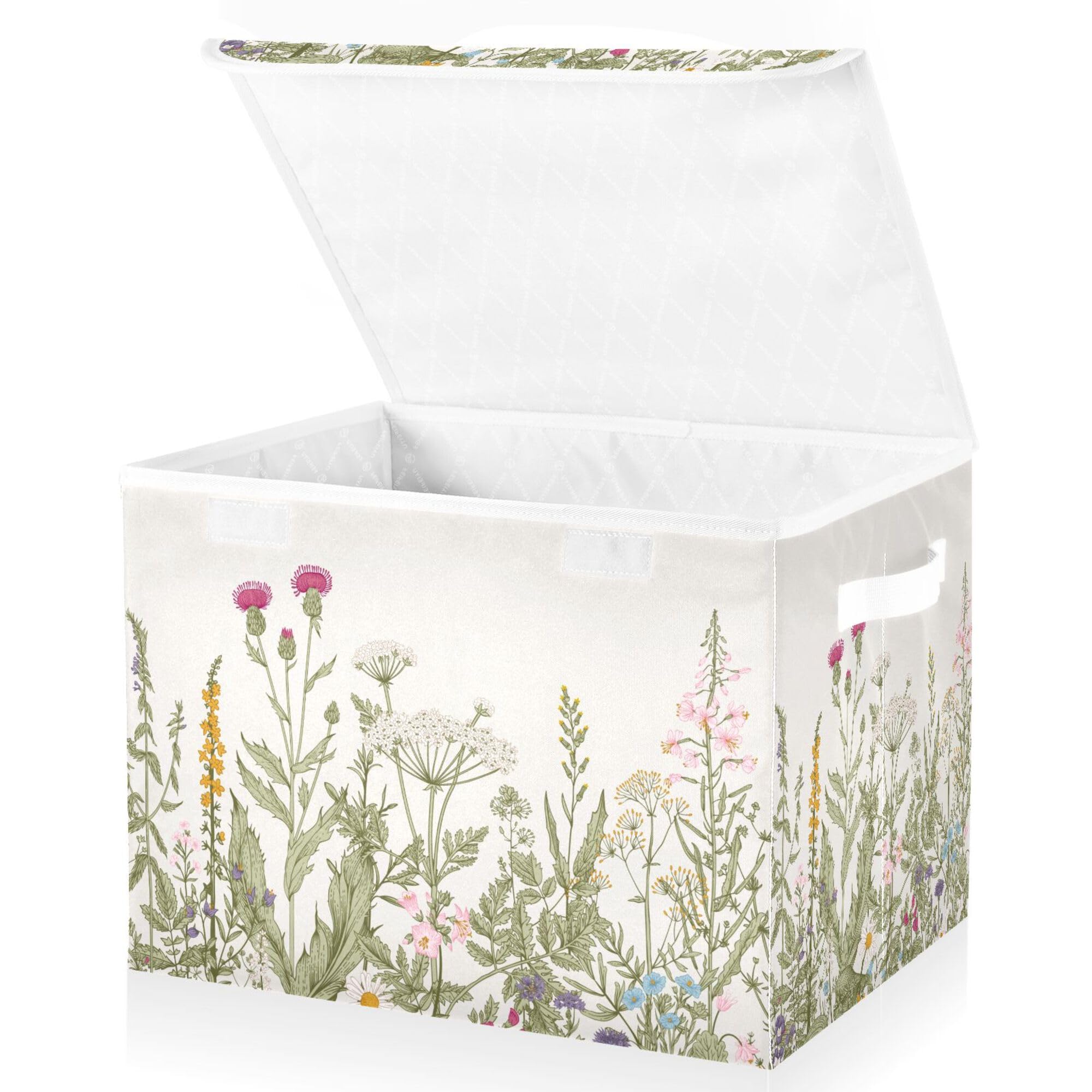 Xigua Vintage Colorful Herbs And Wild Flowers Floral Storage Bins With Lids And Carrying Handle,Foldable Storage Boxes Organizer