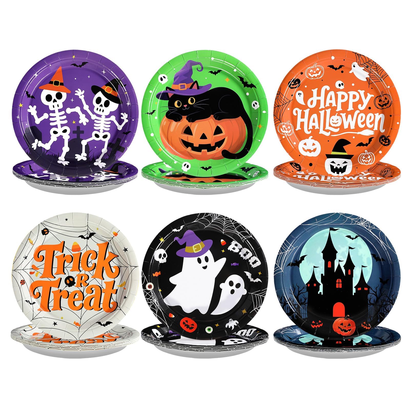 Grencian 60Pcs Halloween Paper Plates - 9 Disposable Heavy Duty Trick or Treat Dessert Paper Plates Cute Tableware Set for Hallo