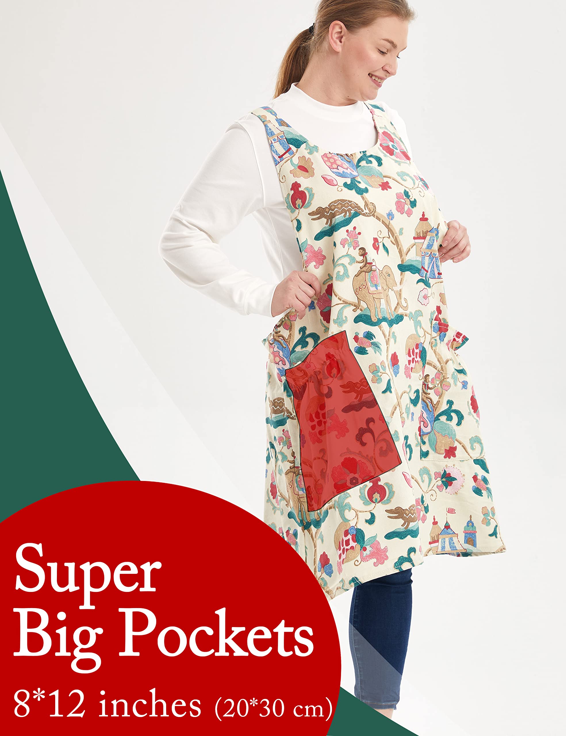 APRONNER Big Plus Size Aprons for Women with Pockets Cotton Linen Baking Kitchen Cooking Sacred Flowers