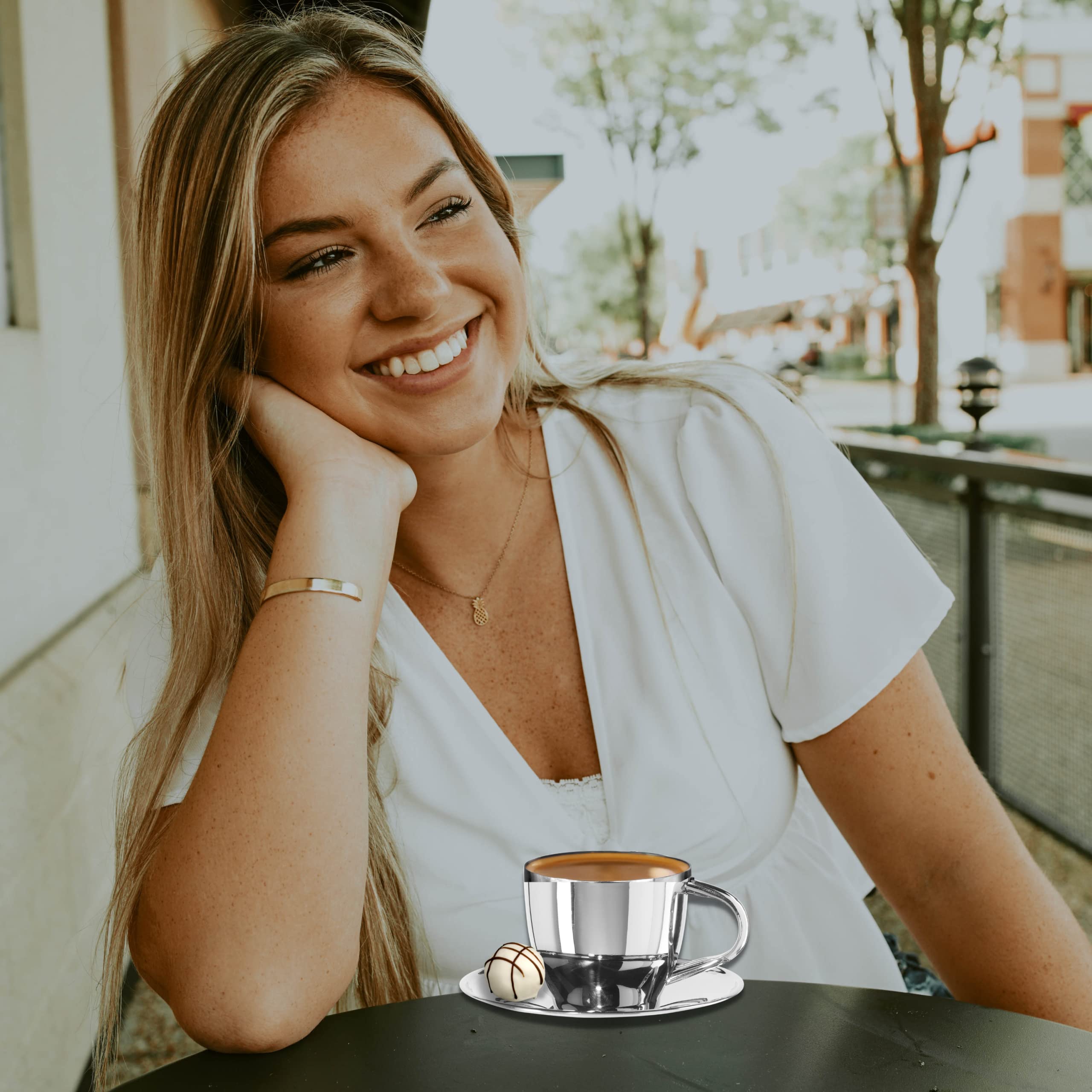 Oggi Insulated Coffee Cups 6Oz - Saucer Included - Dual Wall Stainless Steel Technology Coffee Or Tea Cup With Elegant Mirror Fi