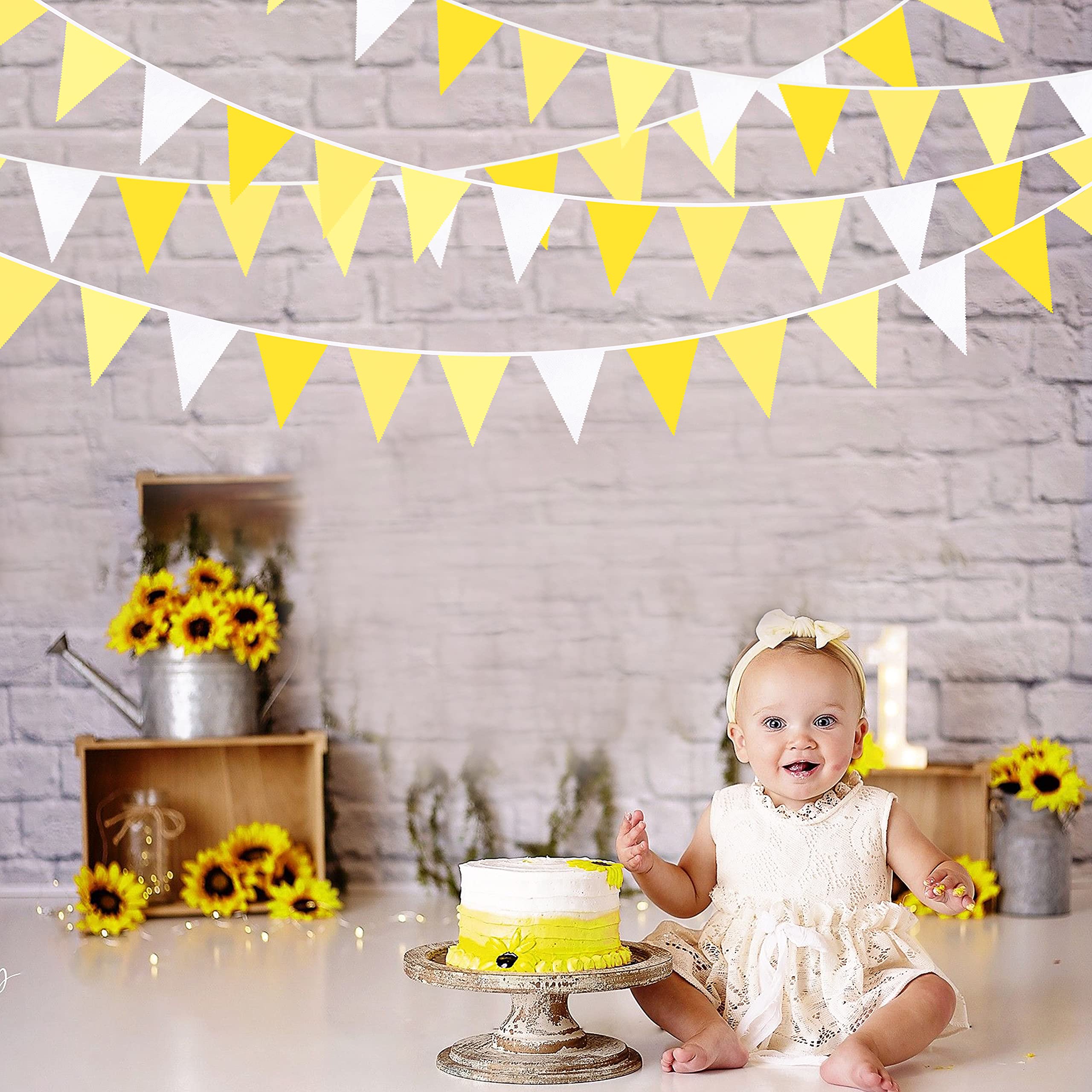 32Ft Yellow Party Decorations Yellow White Pennant Banner Fabric Triangle Flag Bunting Garland For Lemon Bee Sunflower Birthday
