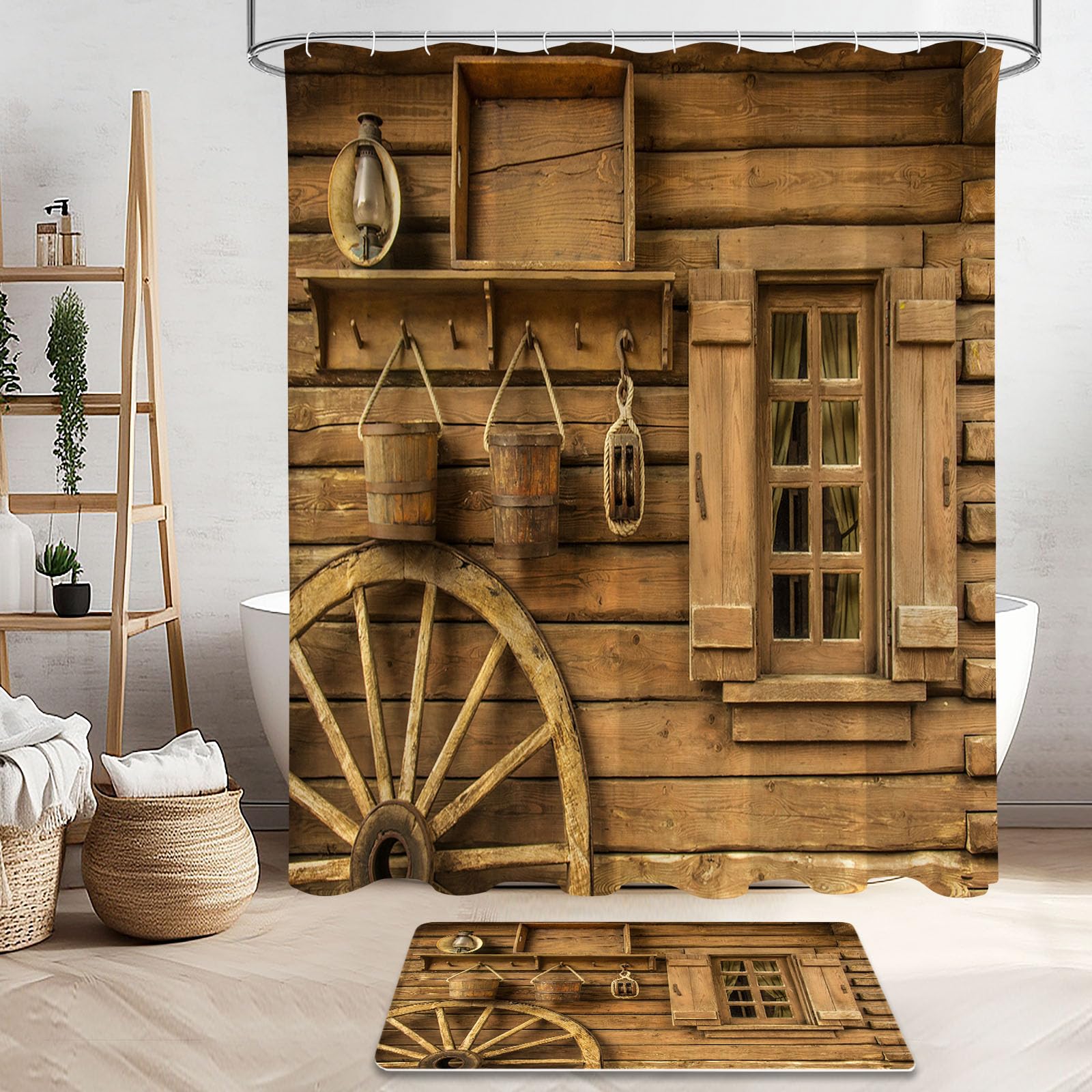 Litabel 4 Pcs Rustic Wooden Farmhouse Shower Curtain Set With Non-Slip Rugs, Toilet Lid Cover And Bath Mat, Farmhouse Bathroom D