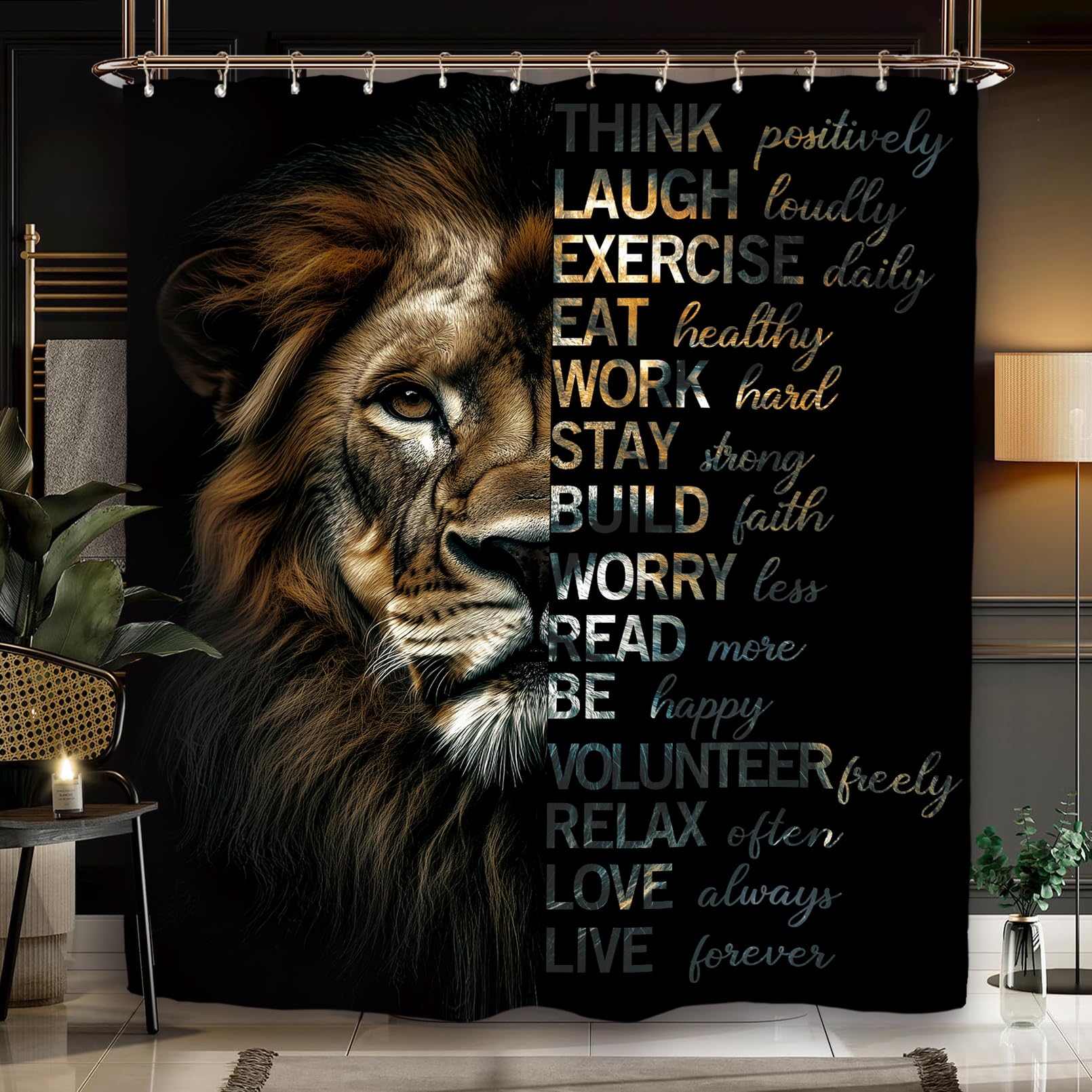 Miyotaa Lion Motivational Quotes Shower Curtain Set 60Wx71H Inches Black Inspirational Positive Wildlife Animal Cool Man Polyest