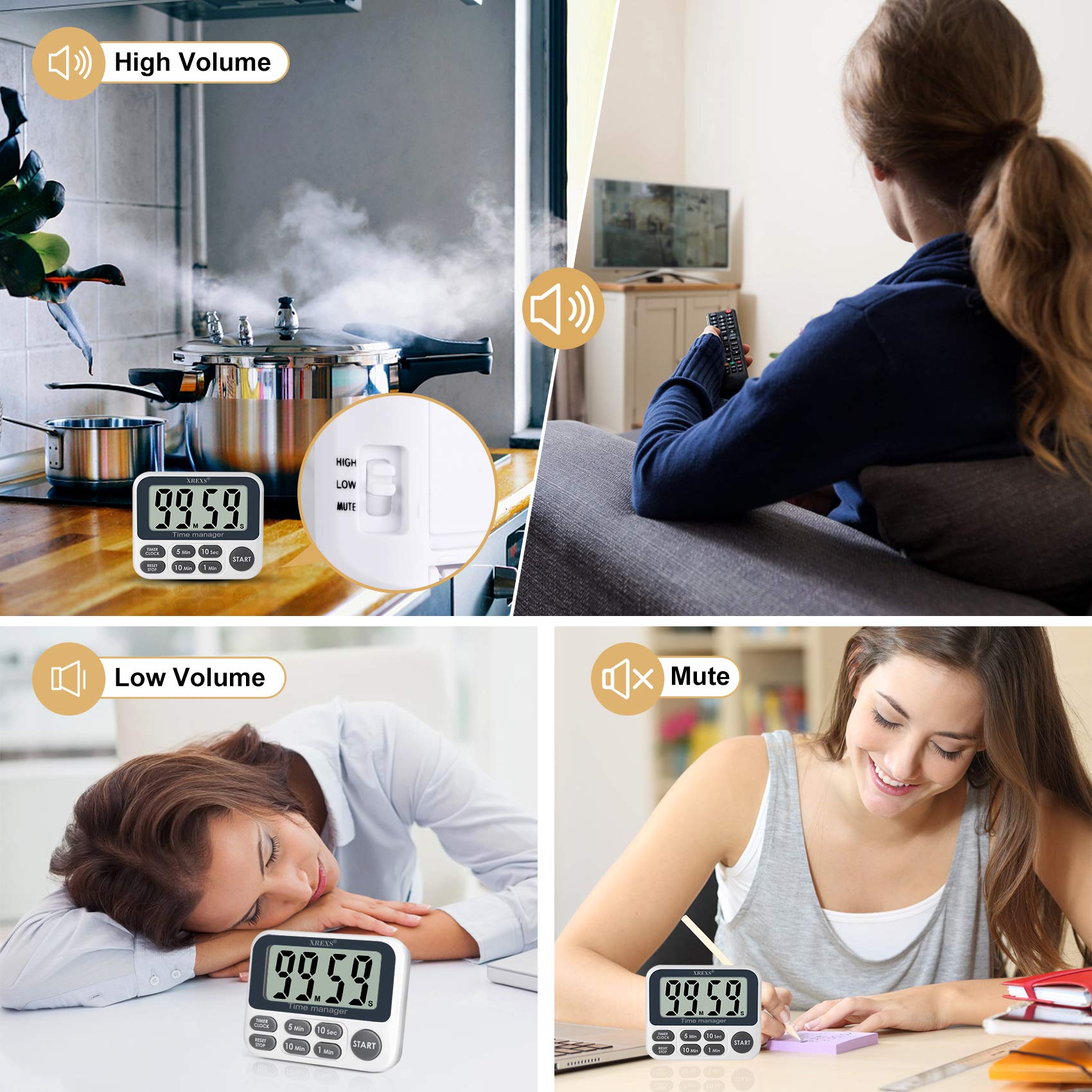 Xrexs Digital Kitchen Timer, Magnetic Countdown Up Cooking Timer Clock With Large Lcd Display, Adjustable Volume, Loud Alarm & S