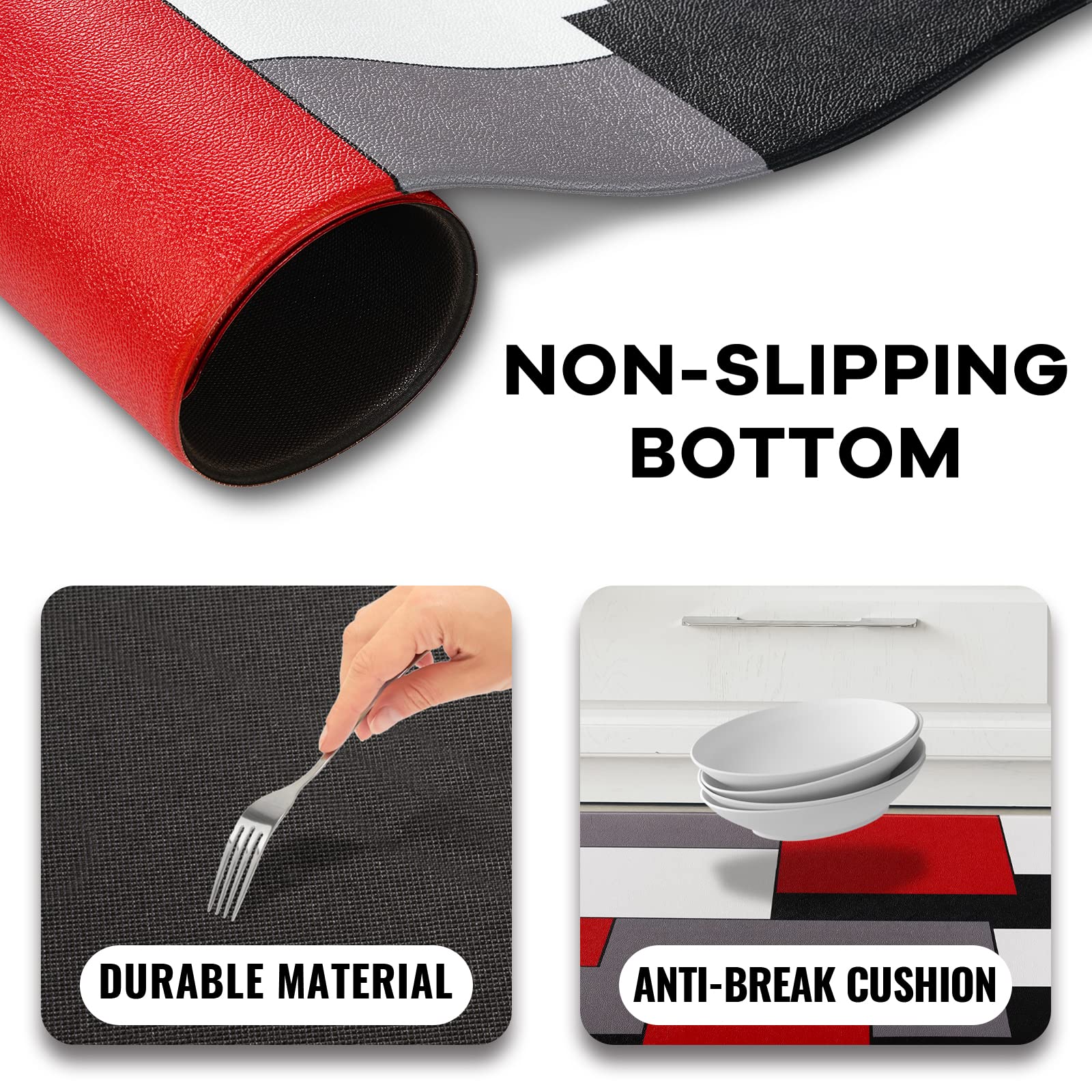 Black,White,Red And Grey Kitchen Rug Set 2 Piece Abstract Geometric Art Cushioned Abstract Modern Mats For Laundry (Geometric Ar