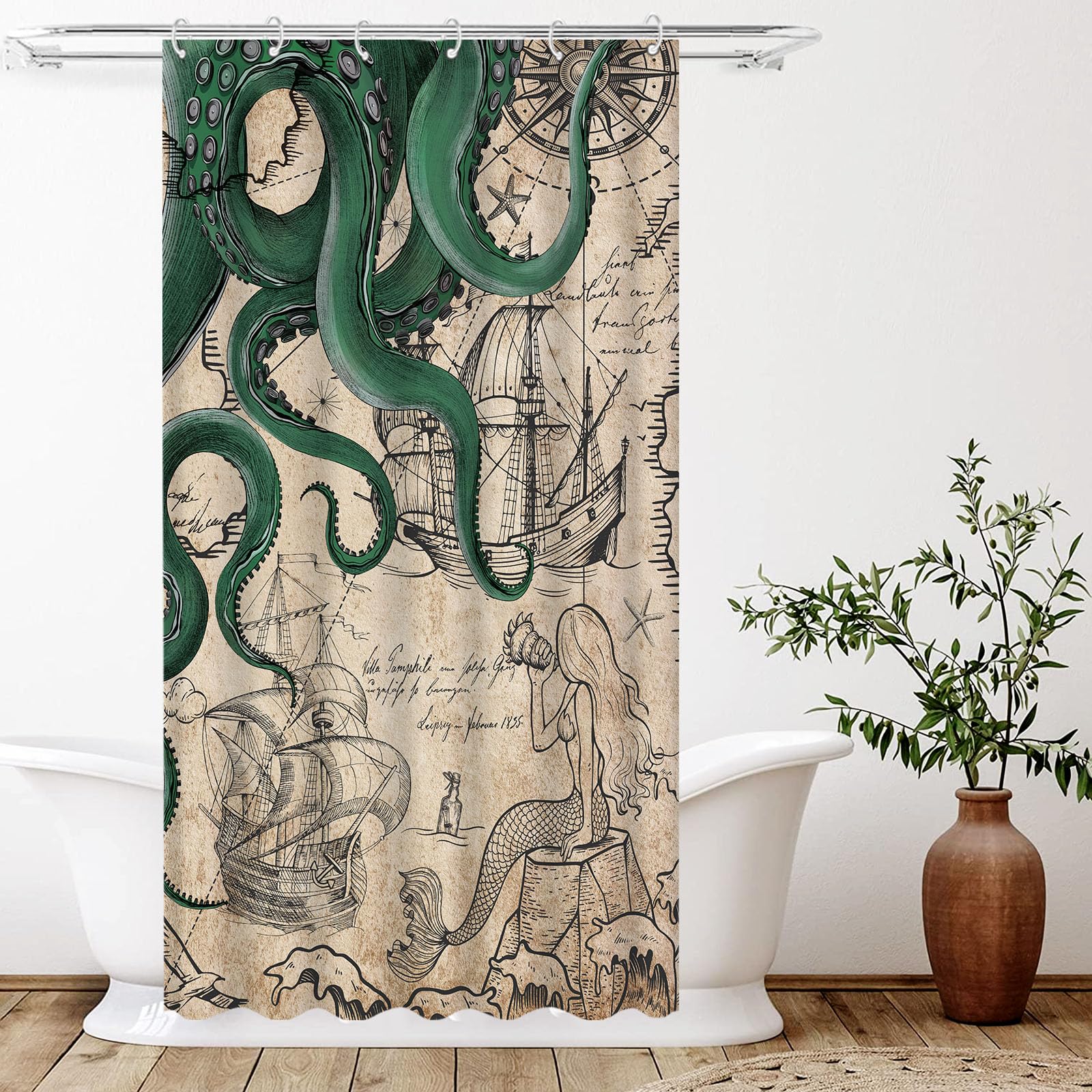 Fungarth Stall Vintage Green Nautical Octopus Shower Curtain Mermaid Funny Ocean Kraken Shower Curtains For Bathroom Cool Anchor