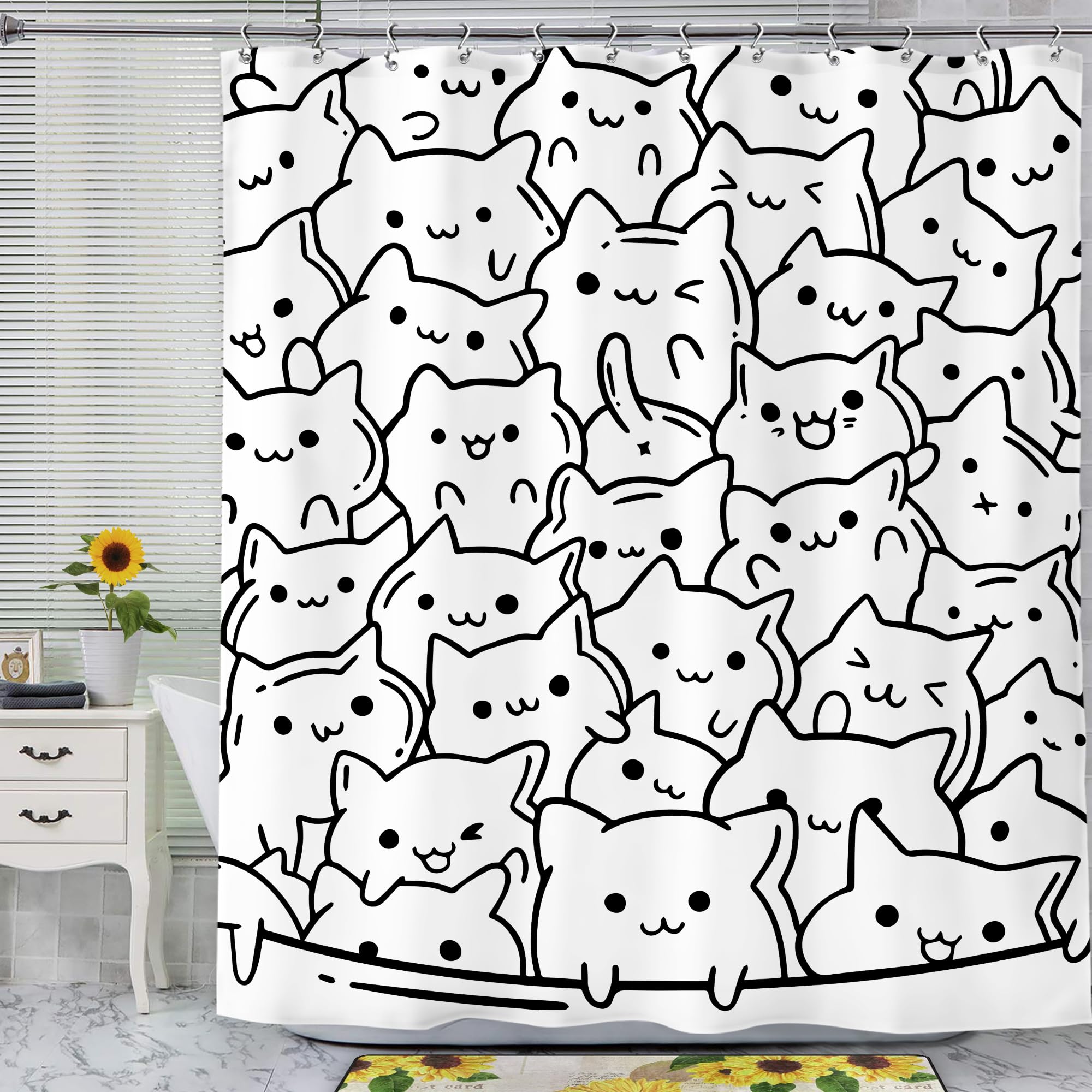 SVBright Cat Shower Curtain 60Wx72L Inch Kids Funny Black White Animal Cute Silhouette Kitty Kitten Simple Line Humor Girls Boys 12 Pack Hooks Polyester Waterproof Fabric Bathroom Bathtub Panels