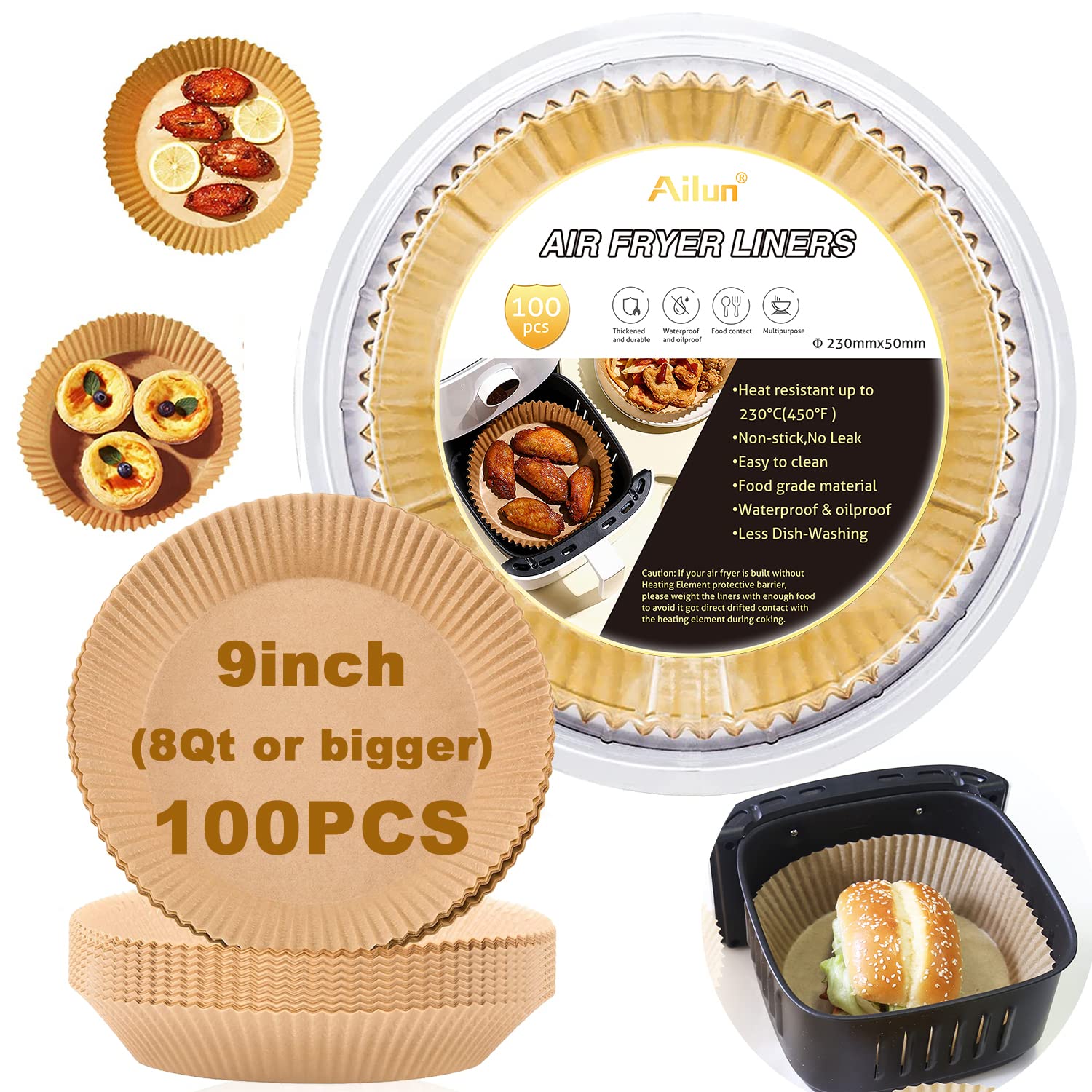 Ailun Air Fryer Paper Liners 9inch, 100PCS Non-Stick Parchment Paper,Oil Resistant,Disposable Food Grade Free of Bleach Paper Ro