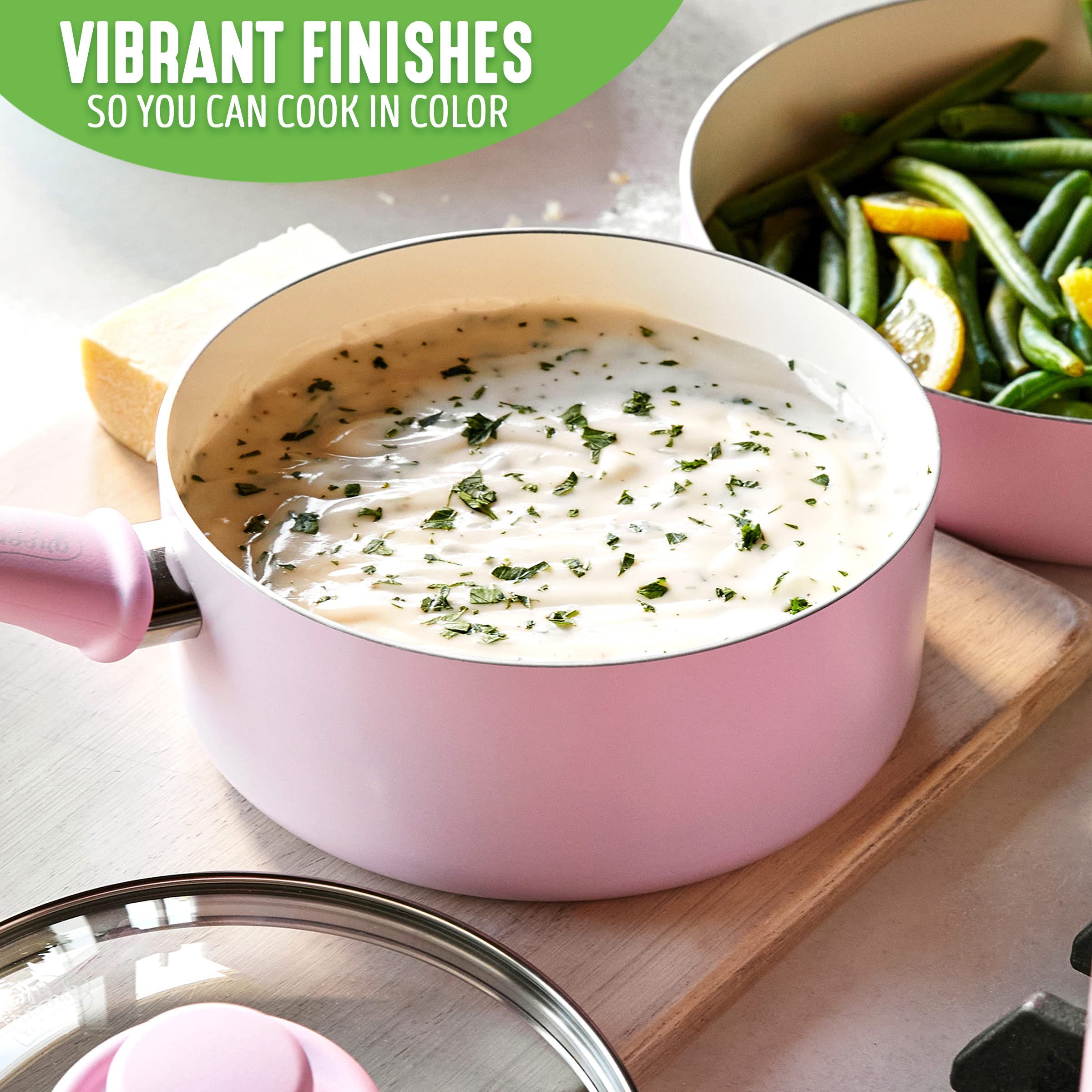 Greenlife Soft Grip Healthy Ceramic Nonstick, 1Qt And 2Qt Saucepan Pot Set With Lids, Pfas-Free, Dishwasher Safe, Soft Pink