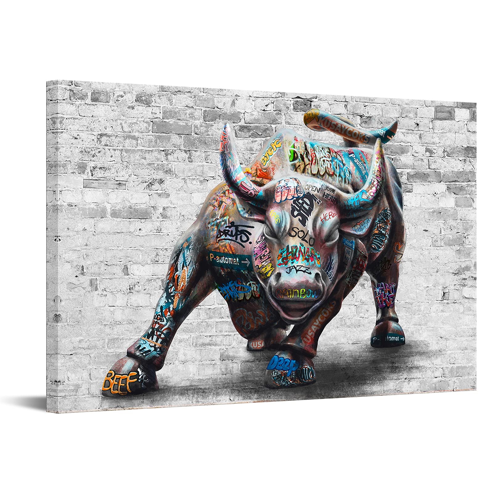 Duobaorom Large Graffiti Bull Canvas Motivational Cool Wall Art For Men New York Landmark Bull Pop Street Painting Office Decor