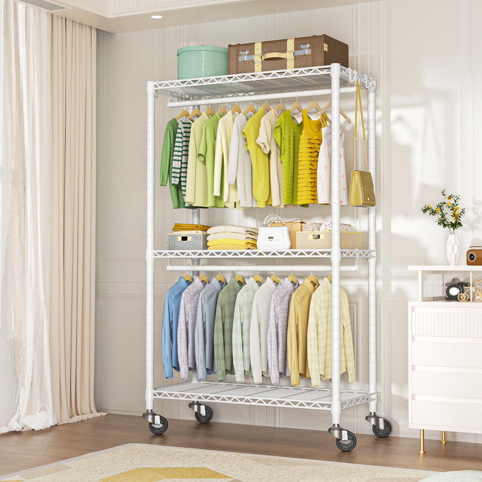 Futassi P3 Rolling Clothes Rack, Clothing Racks For Hanging Clothes, Heavy Duty Garment Rack With Wheels, Freestanding Portable