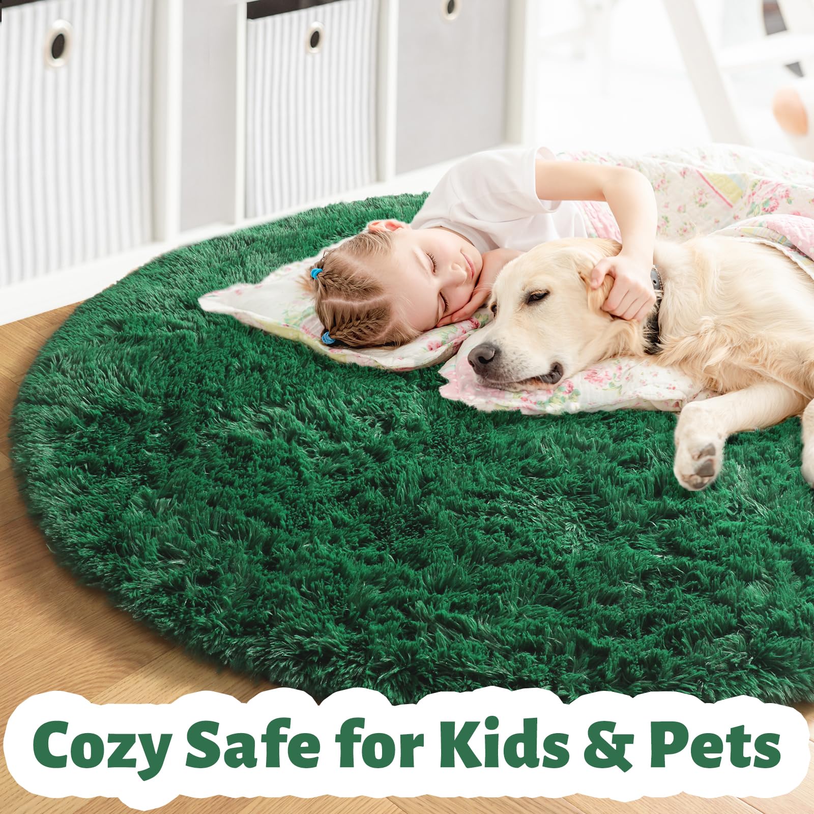 Amdrebio Dark Green Round Rug 6Ft for Living Room Bedroom, Fluffy Thick Floor Circle Area Rugs for Kids Room Decor, Furry Shag R