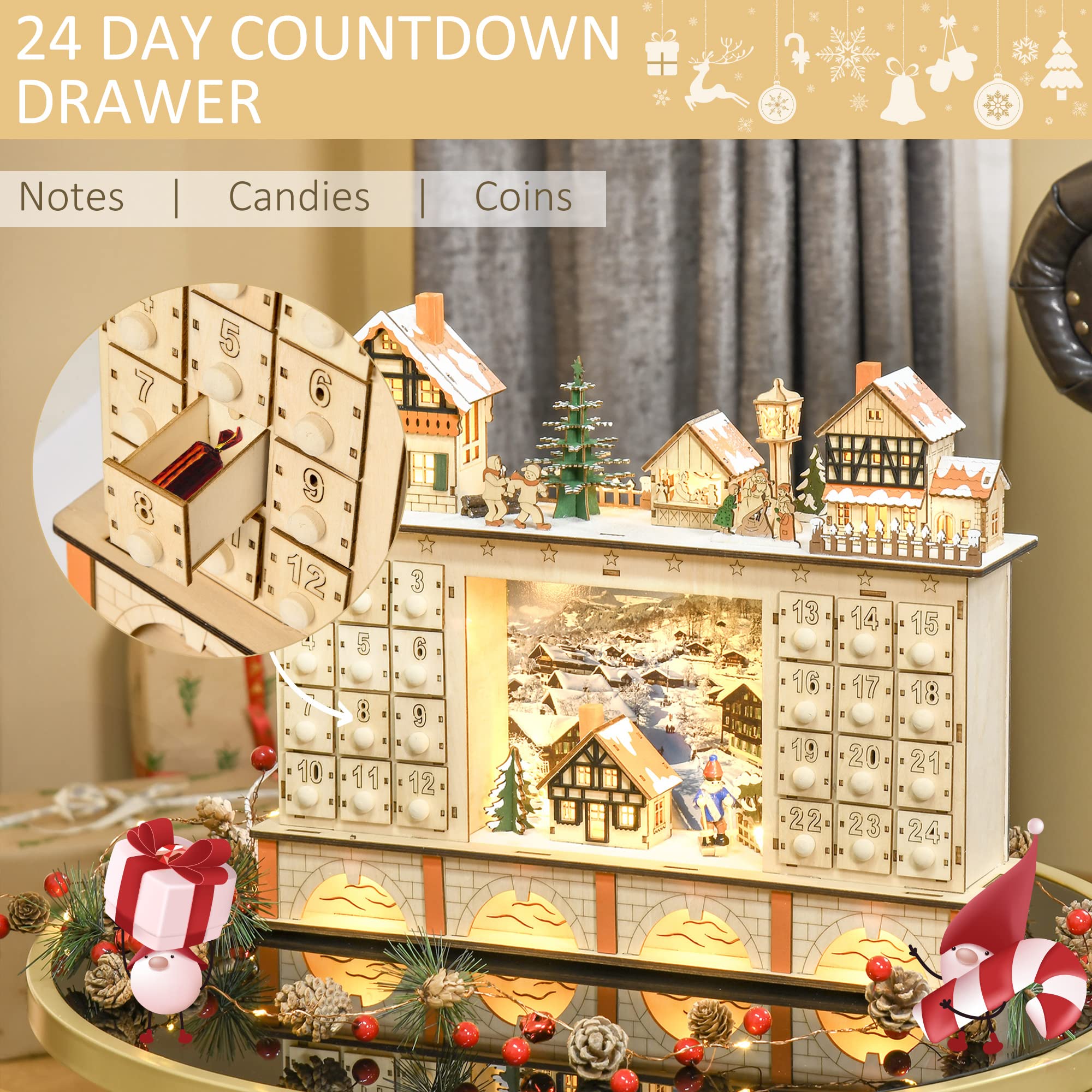 HOMCOM Christmas Advent Calendar, Light Up Table Xmas Wooden Store Holiday Decoration with Countdown Drawer, Village, for Kids a