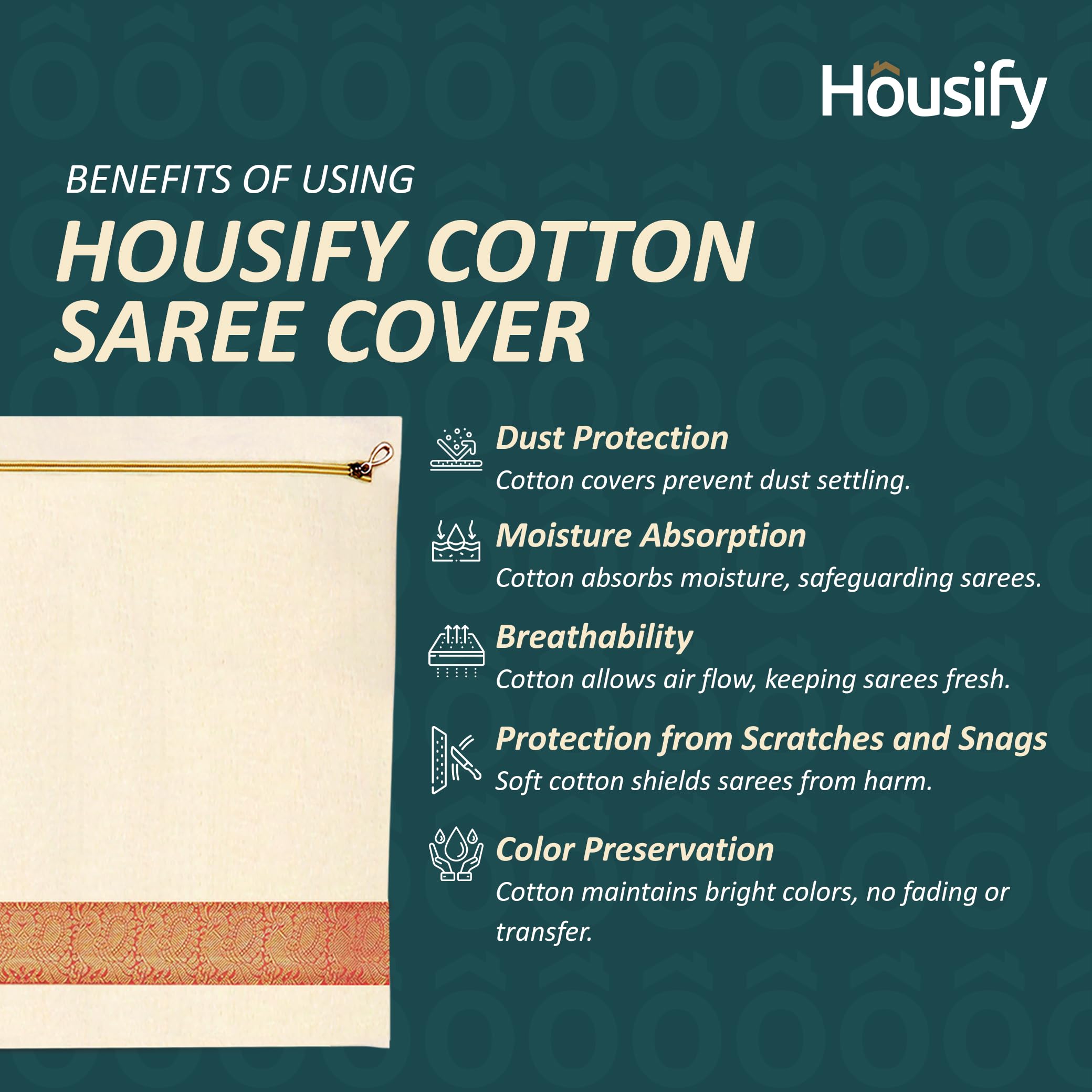 Housify Cotton Saree Cover with ZIP - 10 Cotton Big Size(16.514.5 Inches) Single Saree Storage Bags/Cover/Pouches for Packing Sa