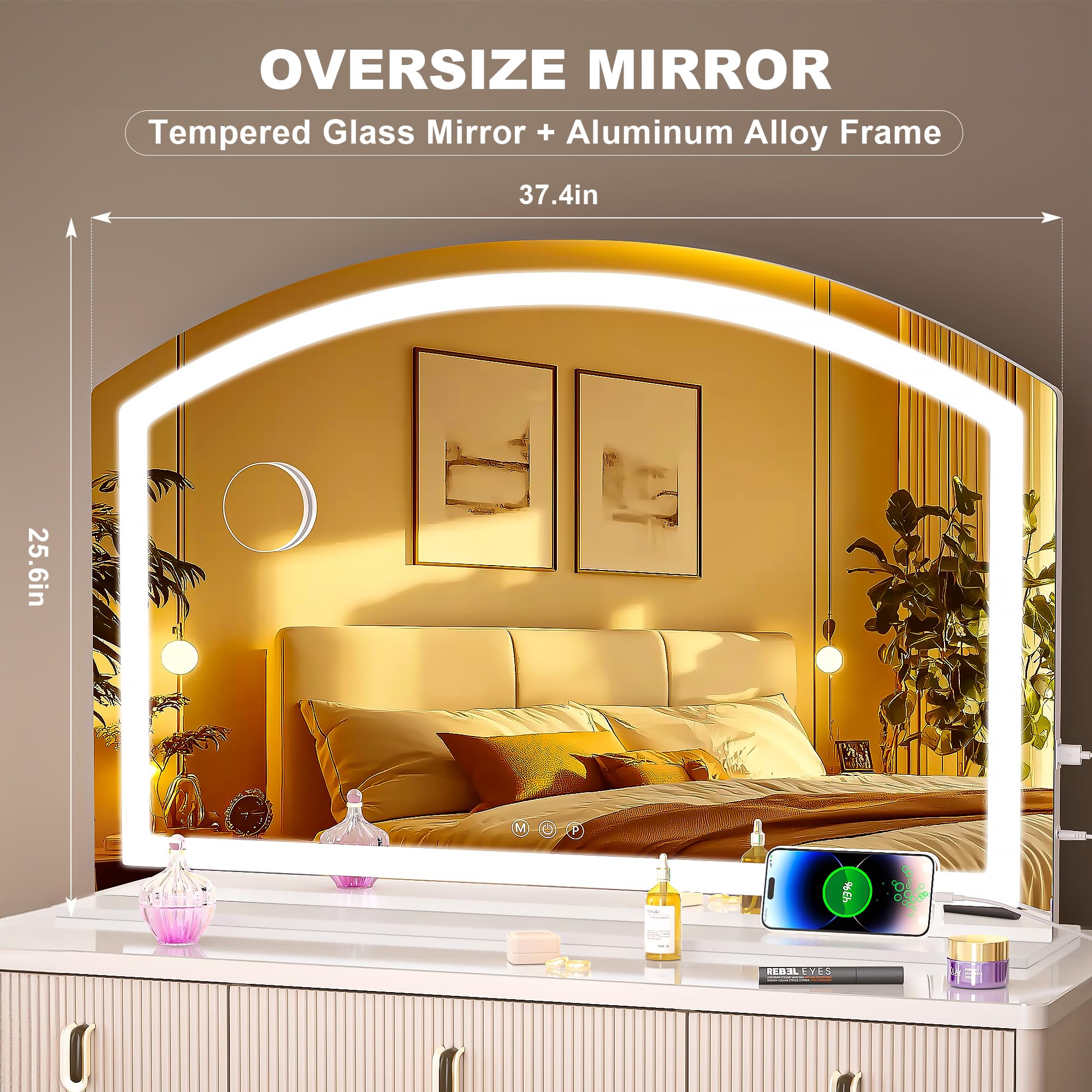 Hasipu Arch Vanity Mirror With Light, 36'' X 24'' Arched Led Makeup Mirror With 10X Magnification, Lighted Makeup Mirror Desktop