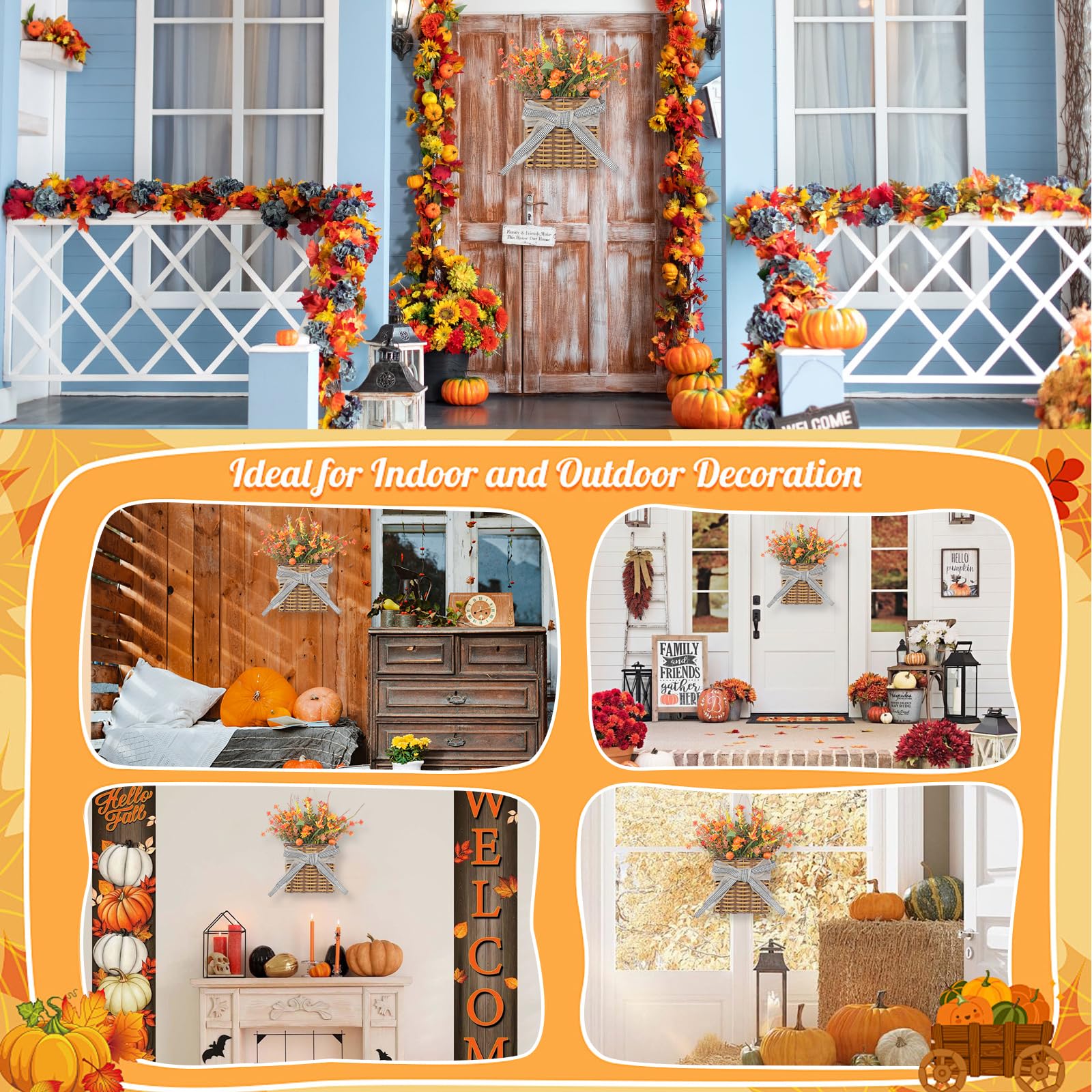 Thanksgiving Fall Door Hanger Basket Wreath Orange Pumpkin Wreath, Artificial Autumn Pumpkin Wreaths with Mixed Leaves Sunflower