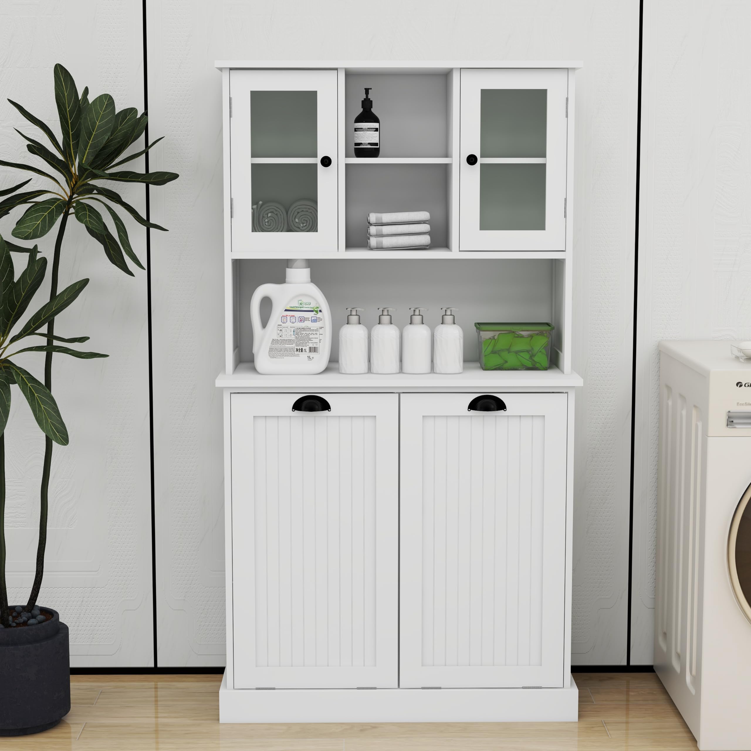 Oqsc Tall Tilt-Out Double Doors Laundry Cabinet Hamper, Large Pull Out Laundry Room Storage Cabinets, Bathroom Cabinet With Hidd