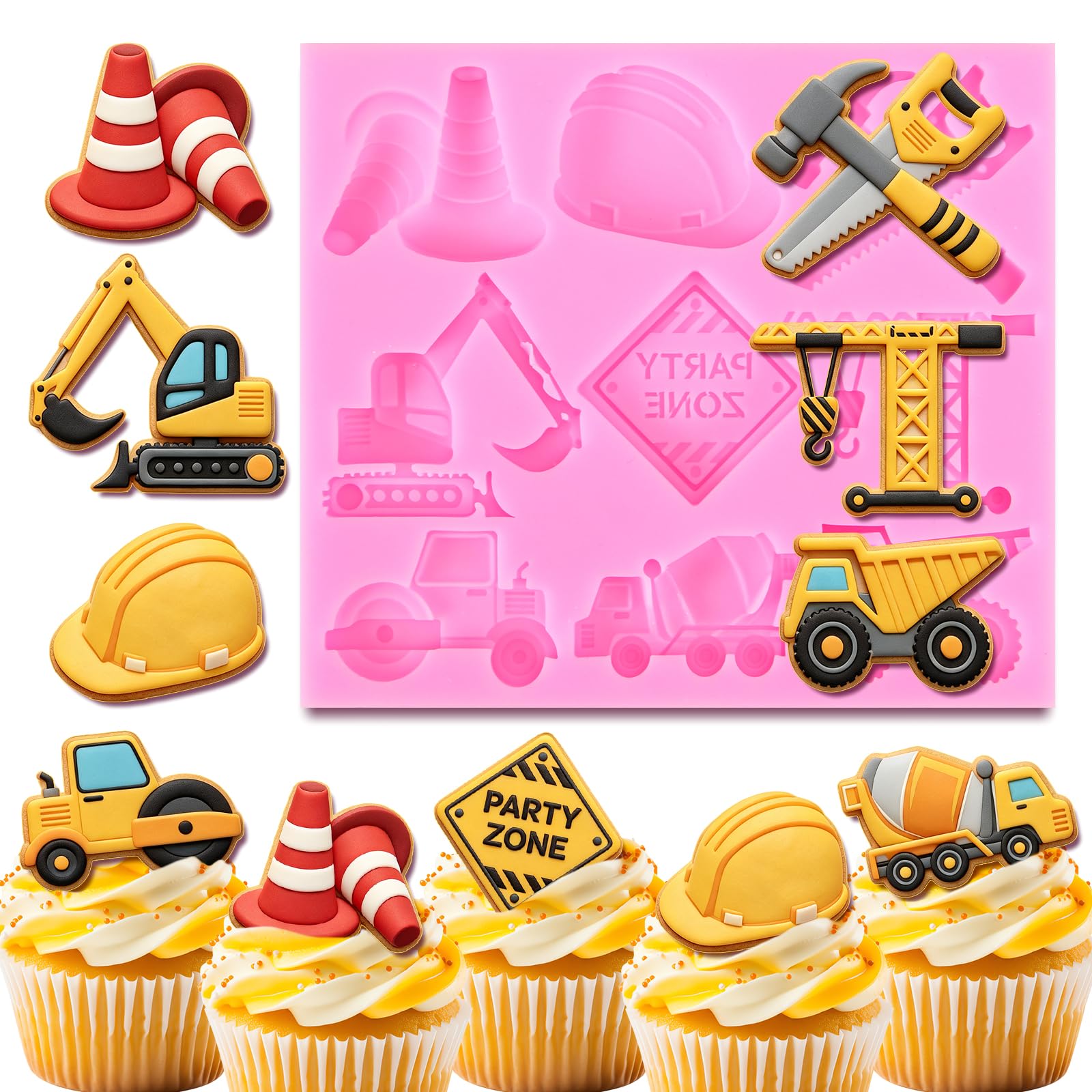 AnyDesign Construction Fondant Mold 3D Dump Truck Excavator Traffic Cone Silicone Baking Mould for Chocolate Candy Cake Decorati