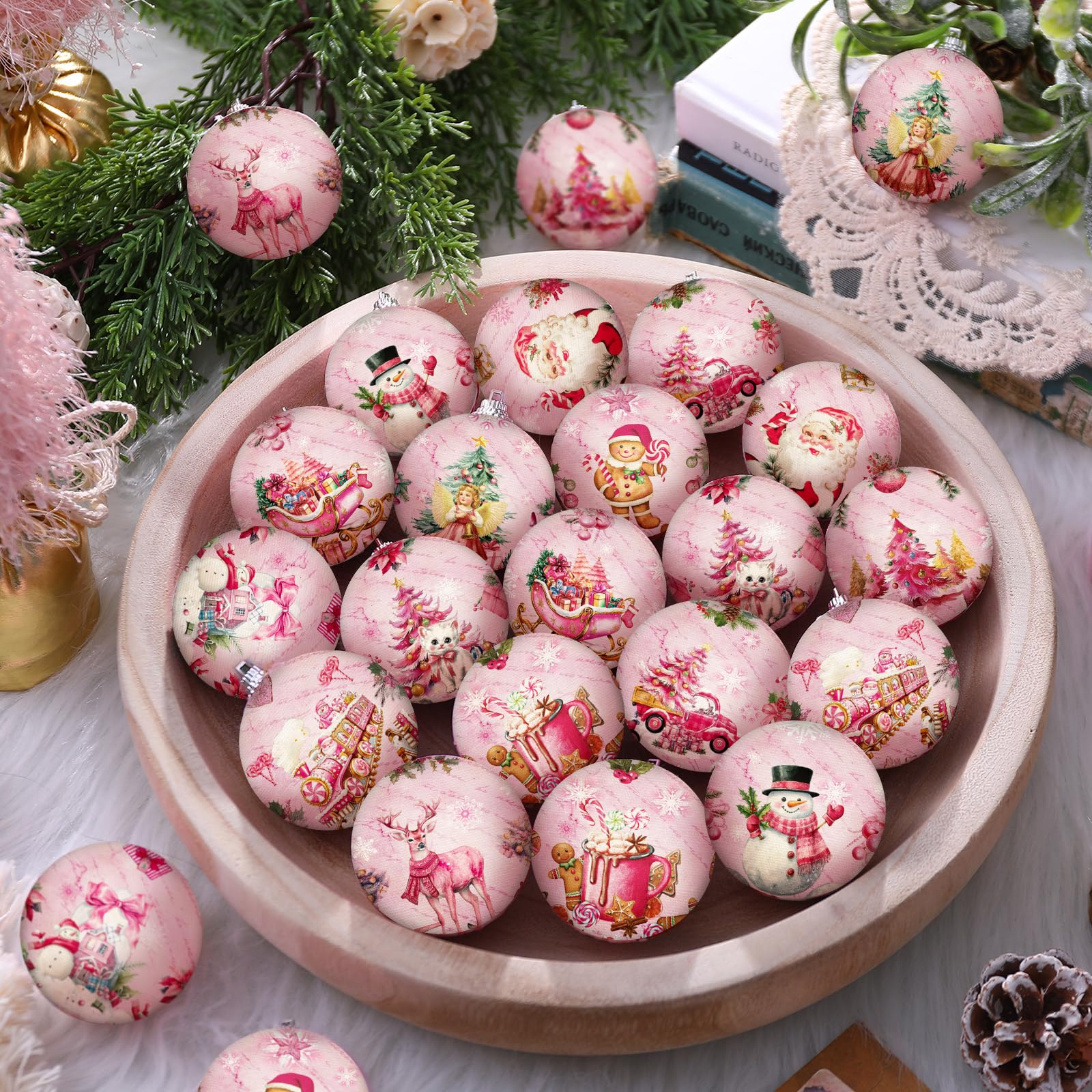 Outus 24 Pcs Christmas Tree Ornaments Ball Vintage Pink Christmas Decorations for Tree Vintage Style Santa Claus Snowman Hanging