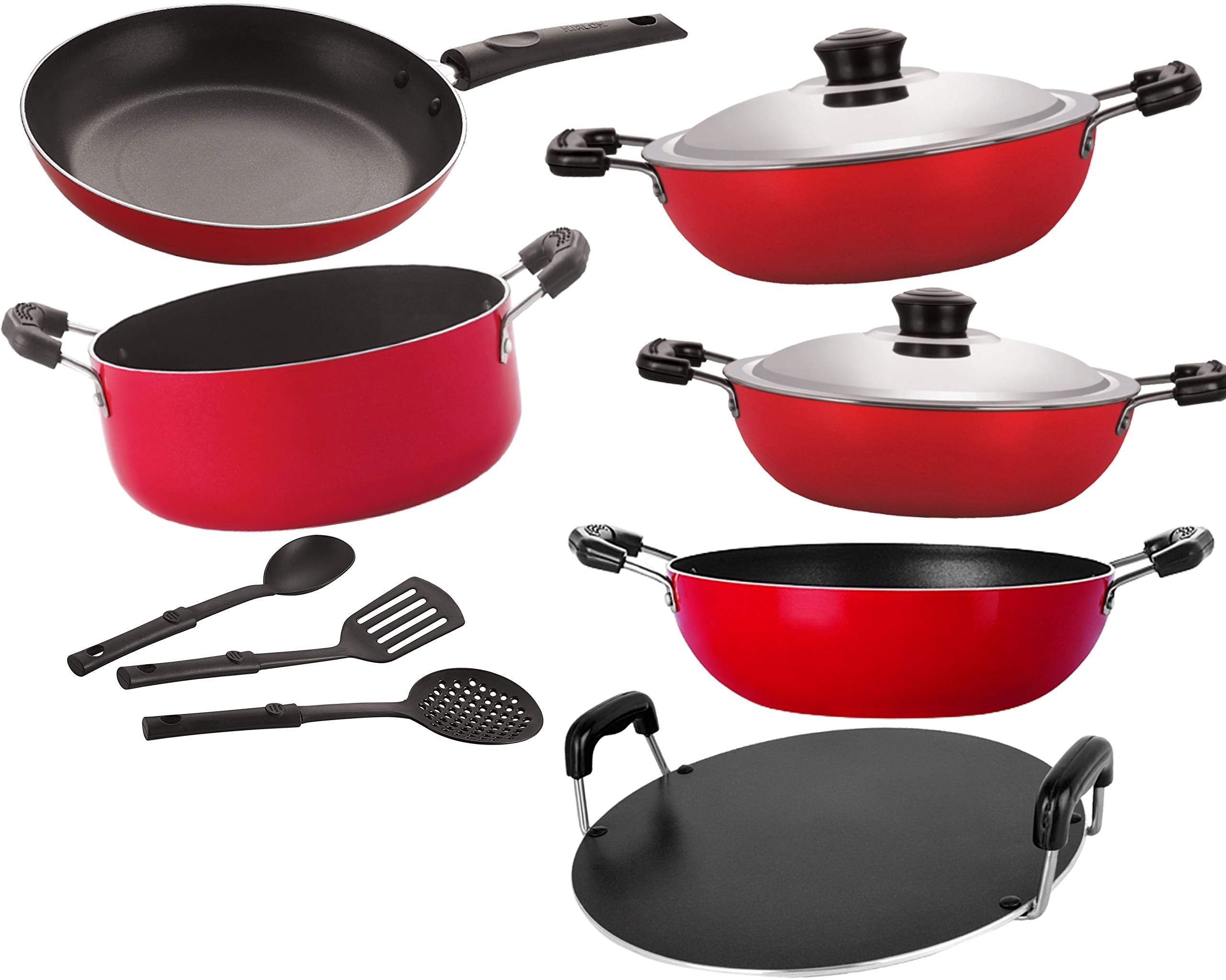 Nirlon Non-Stick Aluminium Heat Resistance Cookware Combo Gift Set, 9 - Piece [26_Kd13_Dkdm_Dkdb_Rt_Cass20_Tp24_3Spn], Red