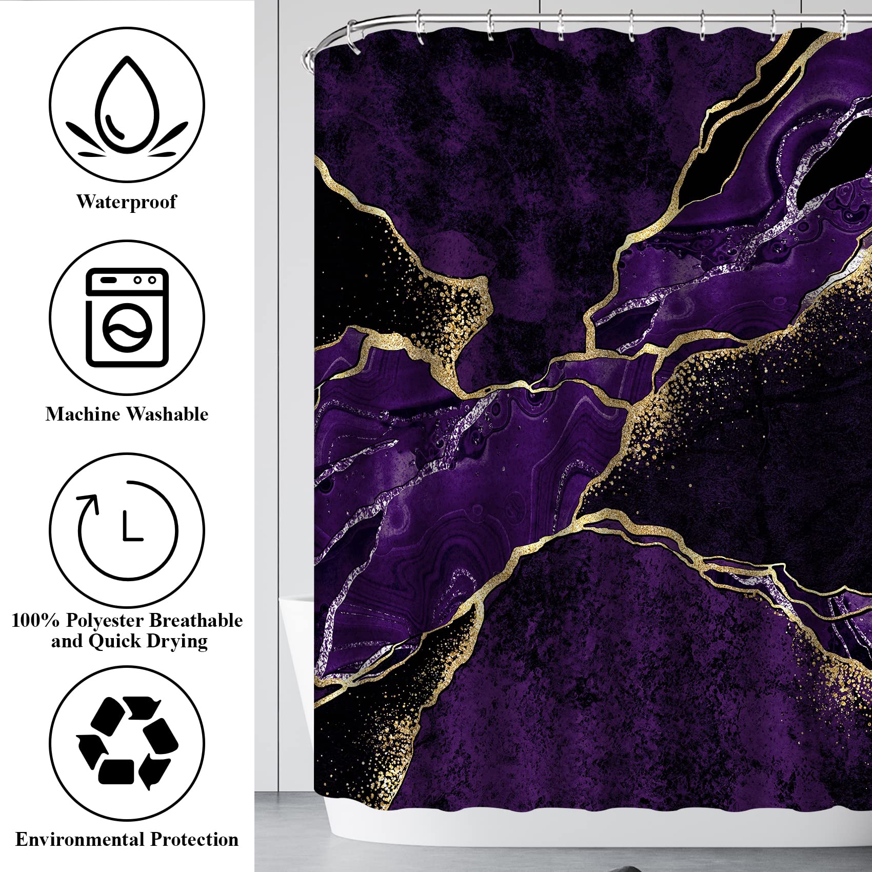 4 Pcs Purple Marble Shower Curtain Sets  Gold Cracked Lines Black Bathroom Decor  Rug Toilet Lid Cover and Non-Slip U Shape Mat  Abstract Modern Luxury Waterproof Shower Curtain with 12 Hooks  72 x 72