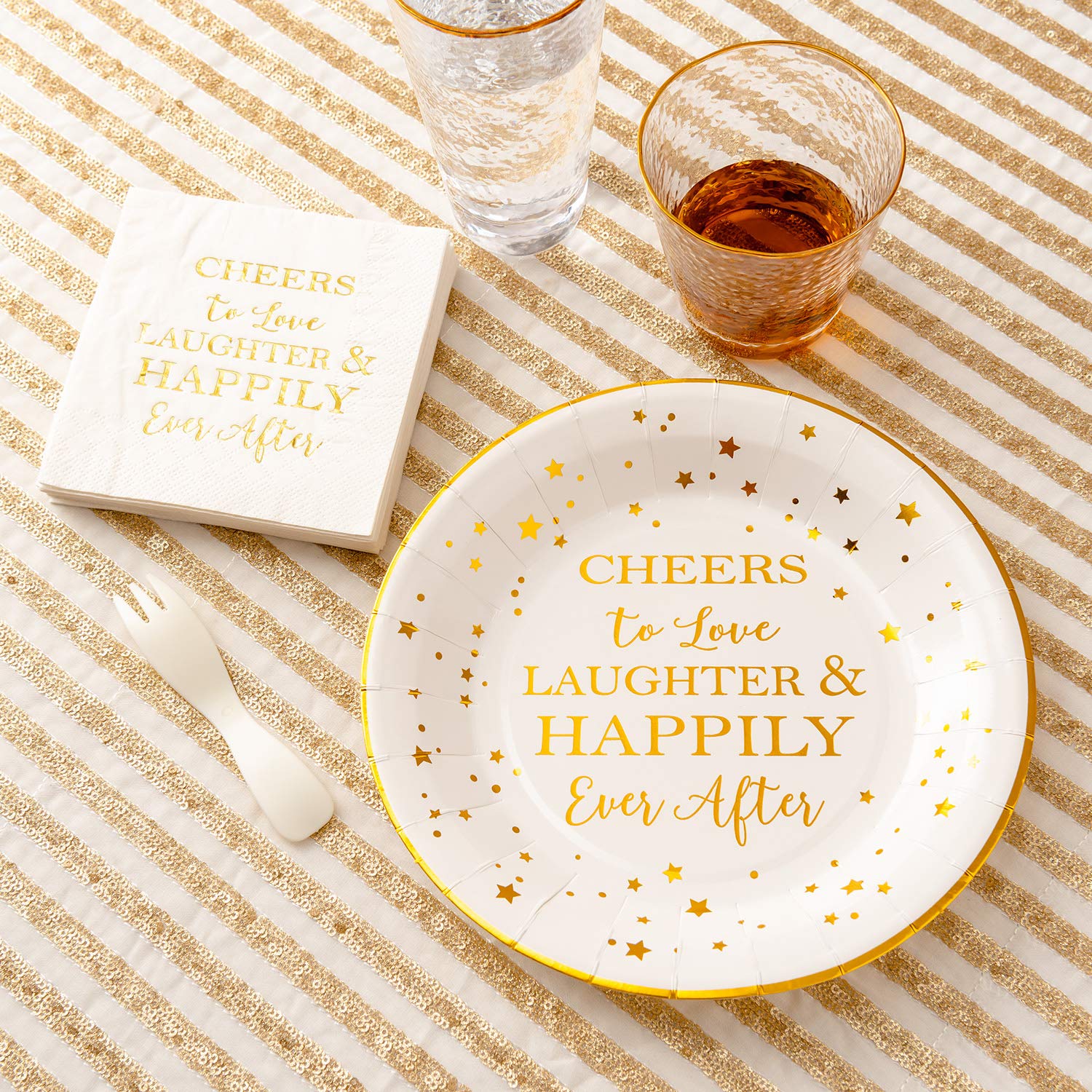 Crisky 50 Counts Cheers To Love Gold Plates For Bridal Shower, Wedding, Engagement, Bachelorett Party Decorations, Dessert, Buff