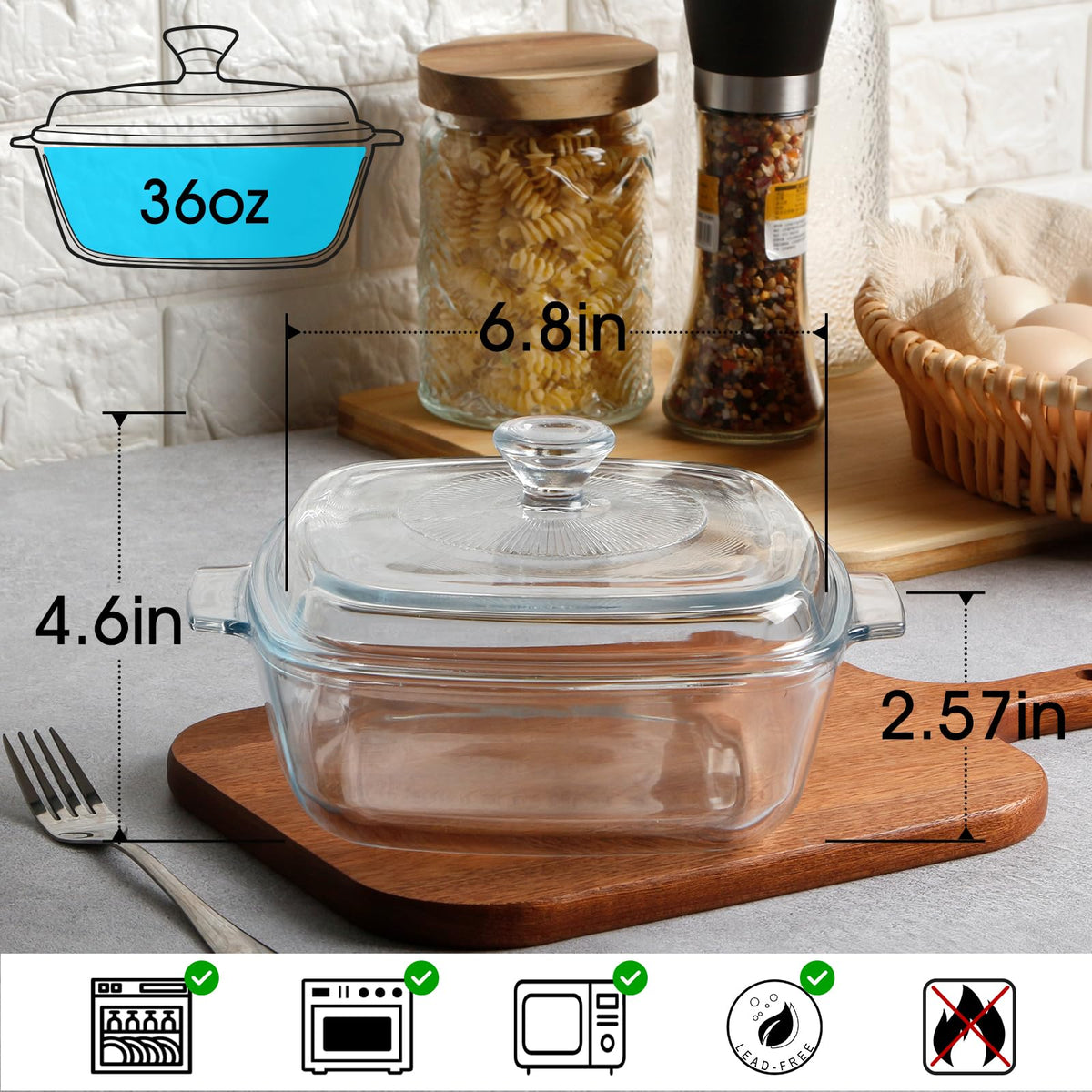 NUTRIUPS Glass Casserole Dish with Lid, 6.8-inch Square, Oven & Microw ...