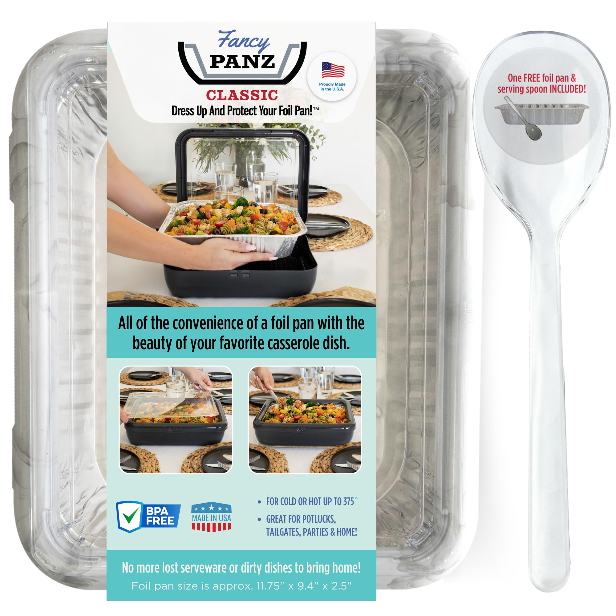 Fancy Panz Classic Pan, Dress Up & Protect Your Foil Pan, Made in USA, Fits Half Size Foil Pans. Hot or Cold Food. Stackable for