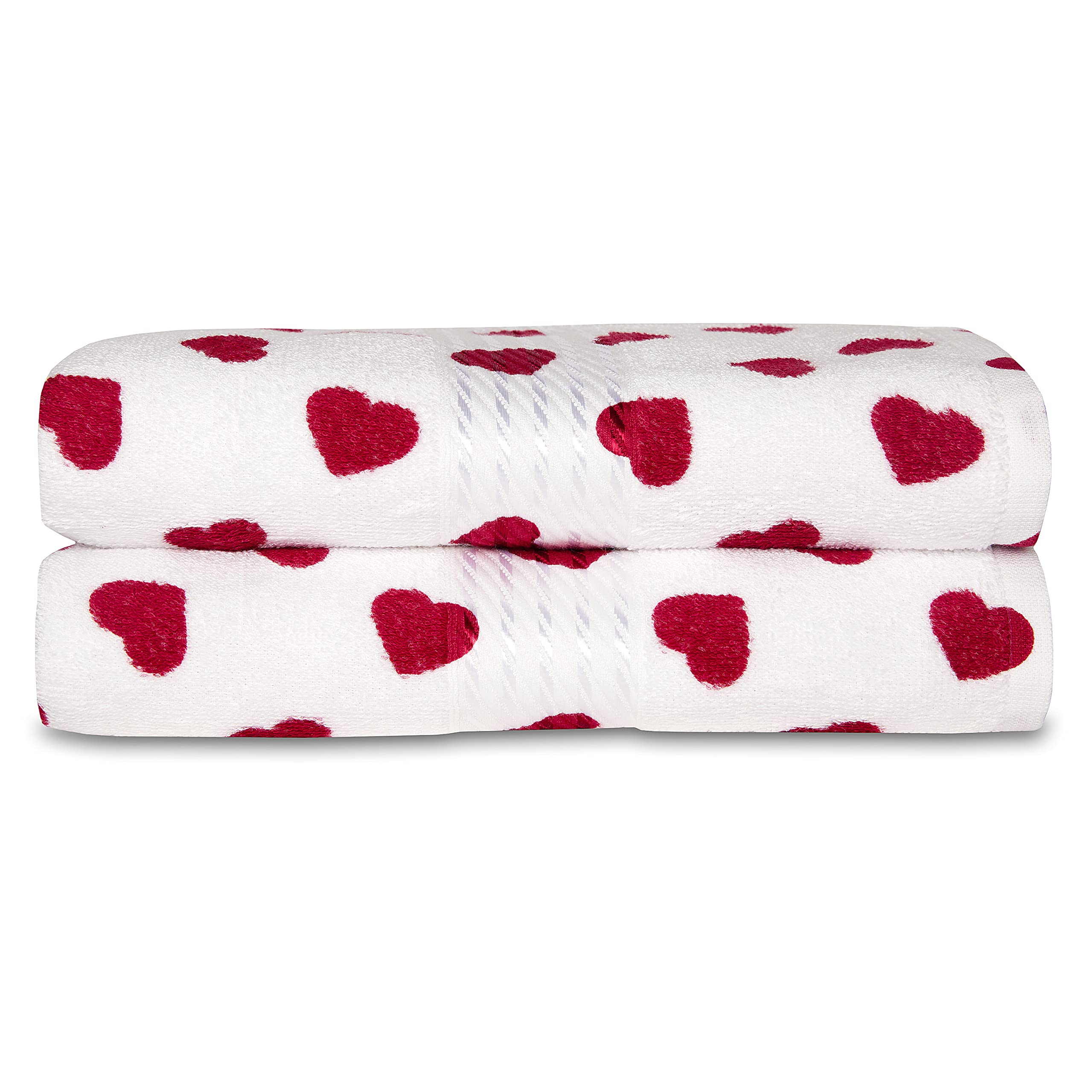 Cackleberry Home Hearts All Over Bathroom Cotton Terry Hand Towels 20 X 30 Inches, Set Of 2 (Red)