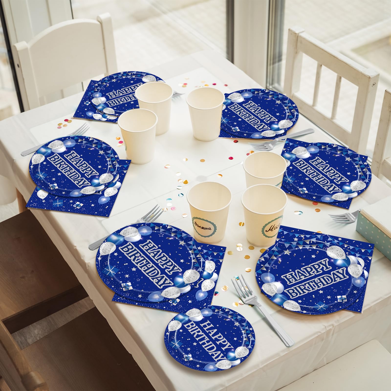 Kepeel 96Pcs Blue Birthday Party Tableware Set, Navy Blue And Silver Birthday Party Decorations Supplies For Men Women Birthday