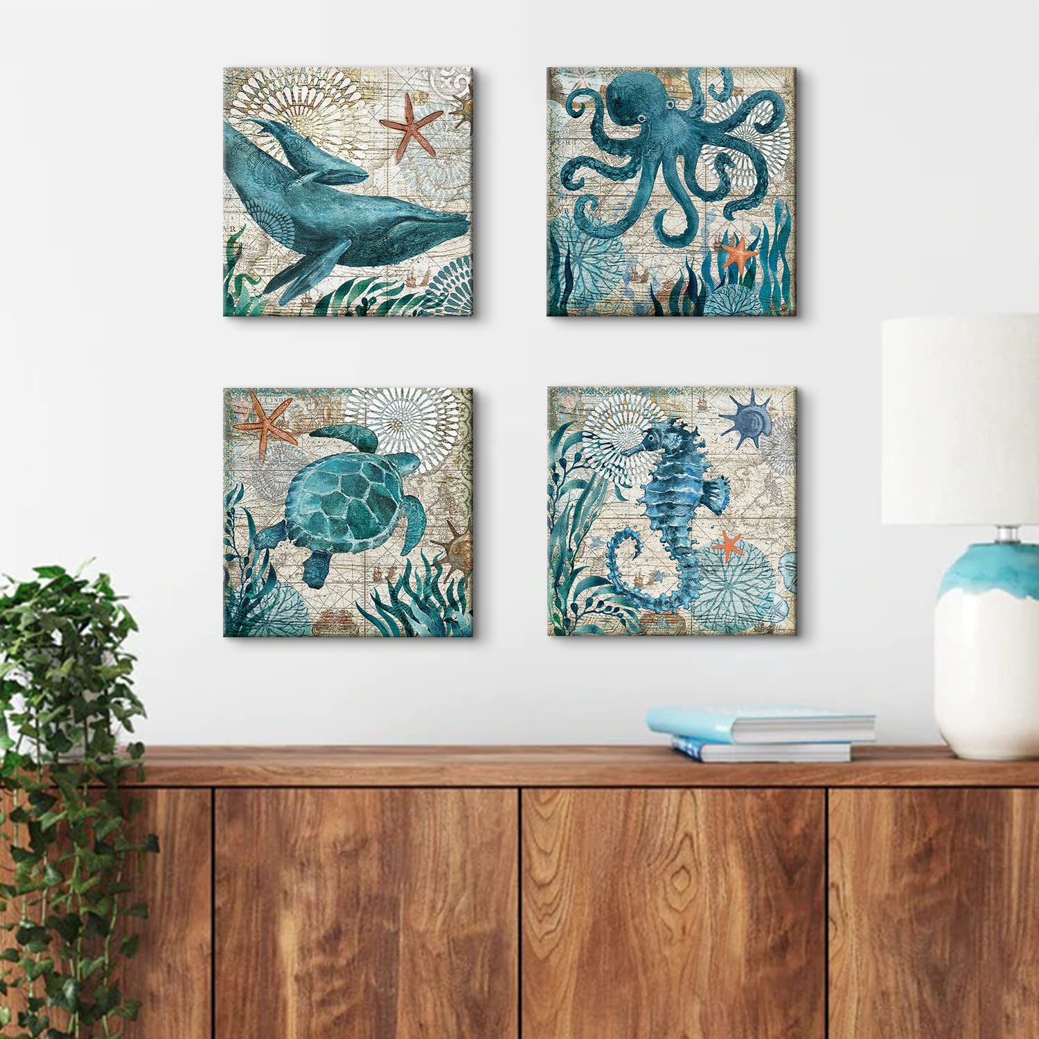 Bathroom Wall Art Beach Decor Ocean Sea Turtle Octopus Canvas Pictures Coastal Room Decor Teal Bathroom Accessories Vintage Whal