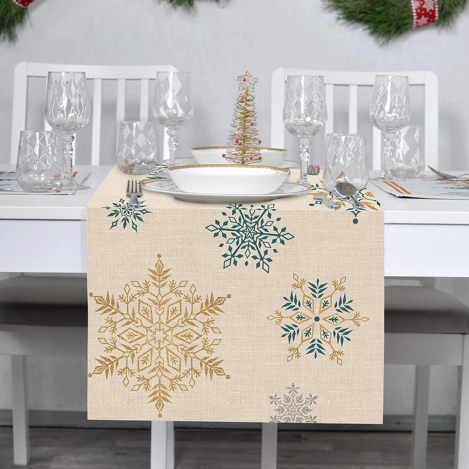 Seliem Winter Snowflakes Table Runner, Gold Blue Tabletop Scarf Home Kitchen Christmas Holiday Decor Sign, Seasonal Farmhouse Ru