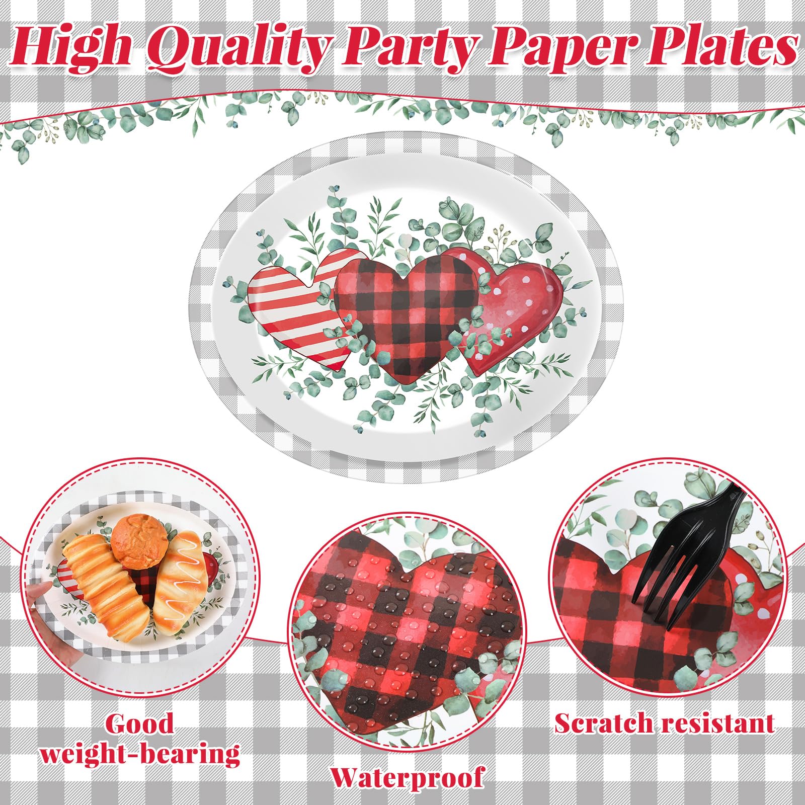 Chunnin 50Pcs Valentine'S Day Party Supplies Valentines Party Oval Paper Plates 11.6 X 9.5In Eucalyptus Love Heart Disposable Ta