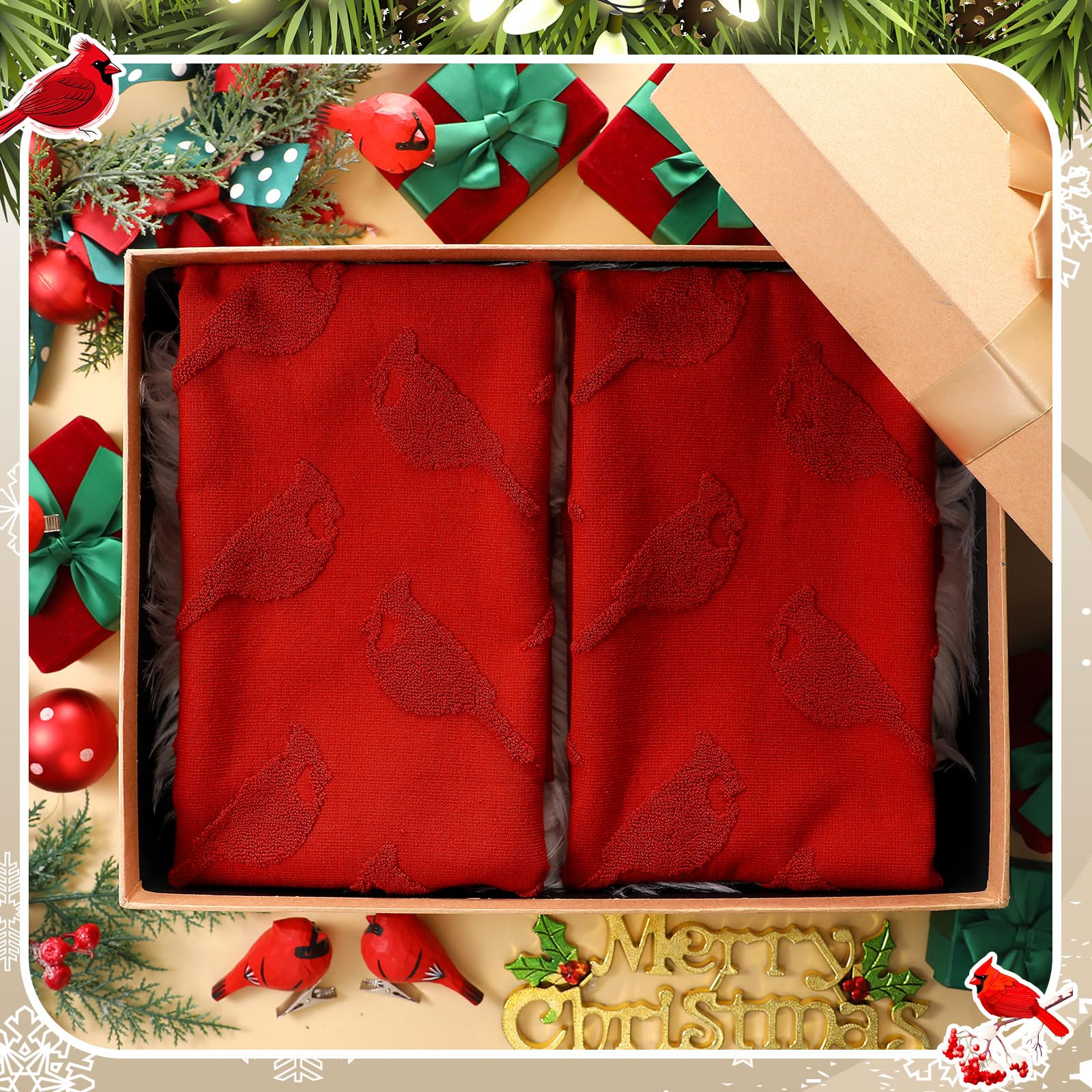 Breling 2 Pcs Christmas Hand Towels Red Cardinal Bathroom Decorative Towels 100% Cotton Absorbent Jacquard Weave Bath Decor Wint