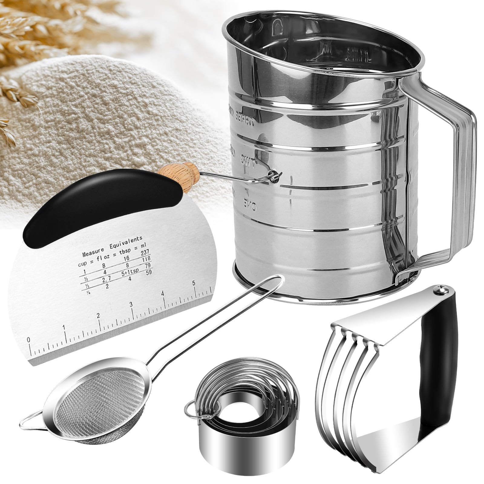 Biscuit Cutter Set,9PCS Stainless Steel Pastry Blender Set with Pastry Cutter,5PCS Biscuit Cutter,Dough Cutter,3 Cup Flour Sifte