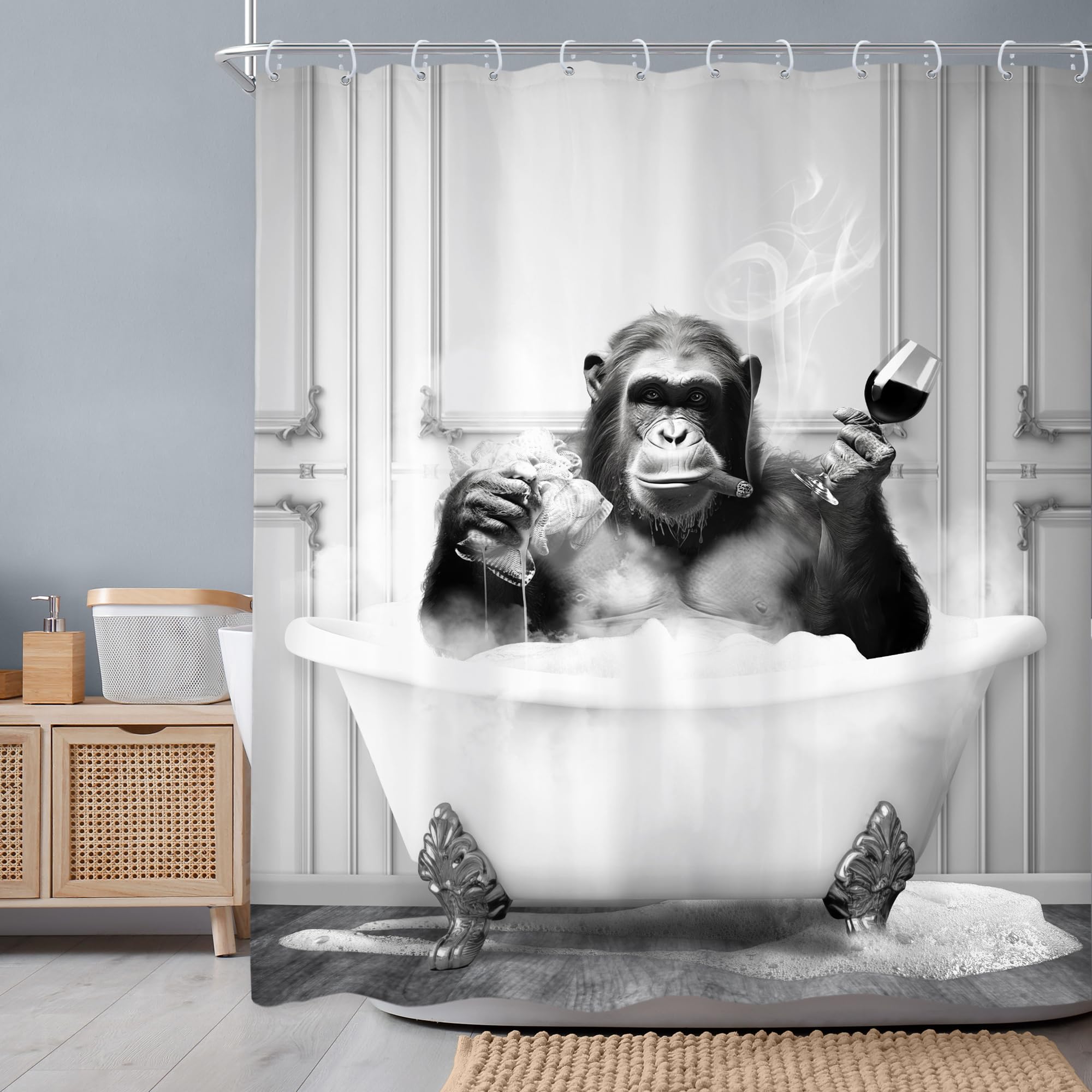 Newsely Funny Monkey Shower Curtain 60Wx72H Inch Chimpanzee In Bathtub Black White Animal Wildlife Boys Men Shower Curtain Bathr